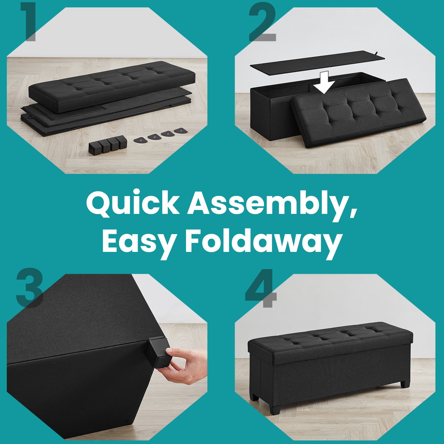Foldable Storage Ottoman Bench with Removable Divider & Non-Slip Legs, 30-Gallon Capacity, Supports 660 lb, for Living Room,Bedroom, Ink Black