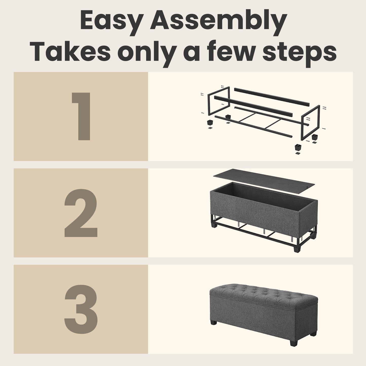 Multi-Functional Storage Ottoman Bench with Removable Cover, 43" Extra Wide, 660lb Capacity, for Living Room, Bedroom, Entryway, Dark Gray