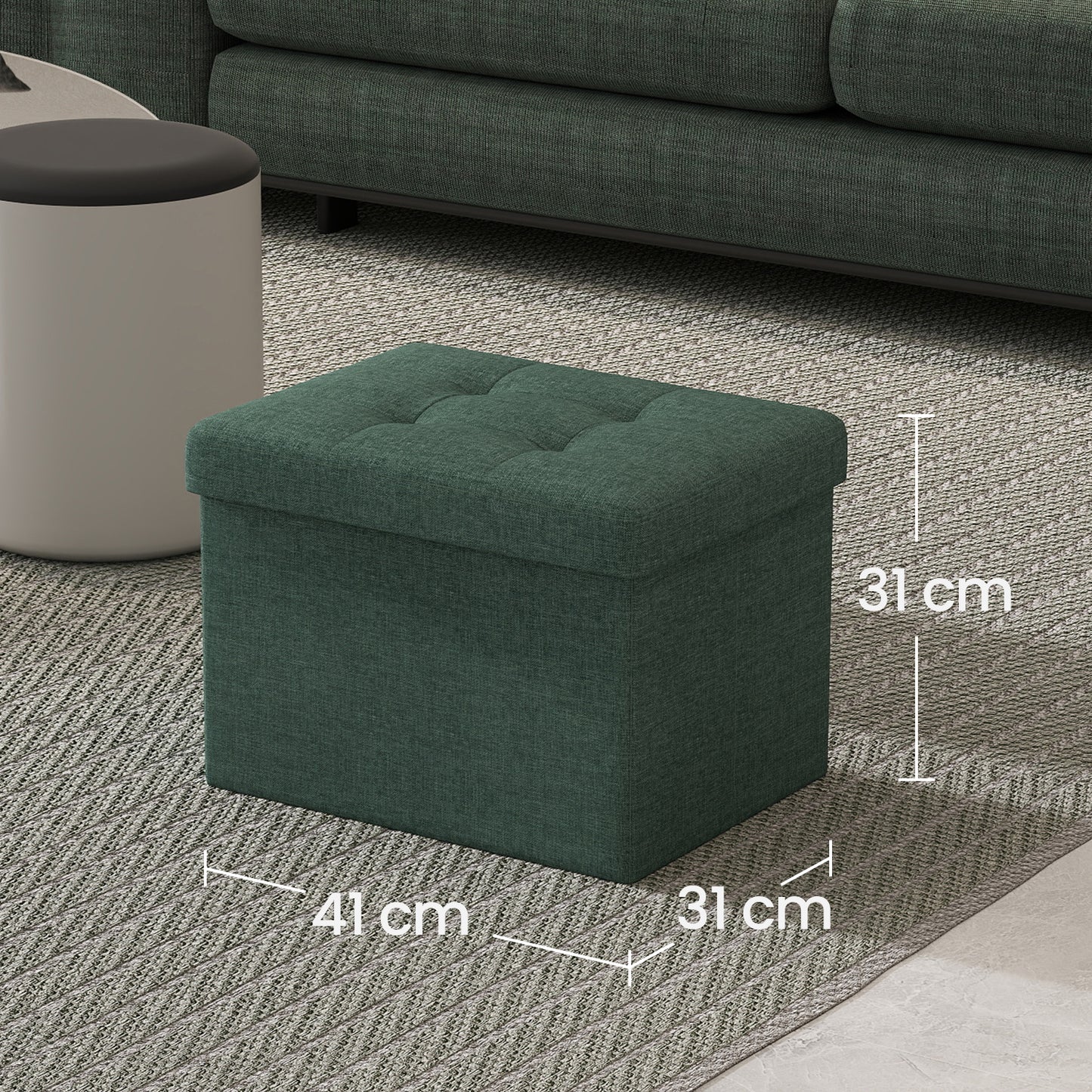 Small Folding Storage Ottoman with Tufted Linen Cover, Multifunction Footrest Stool with 32L Storage, Foldable, Durable 286 lb Capacity, for Living Room, Bedroom, Home Office, Retro Green