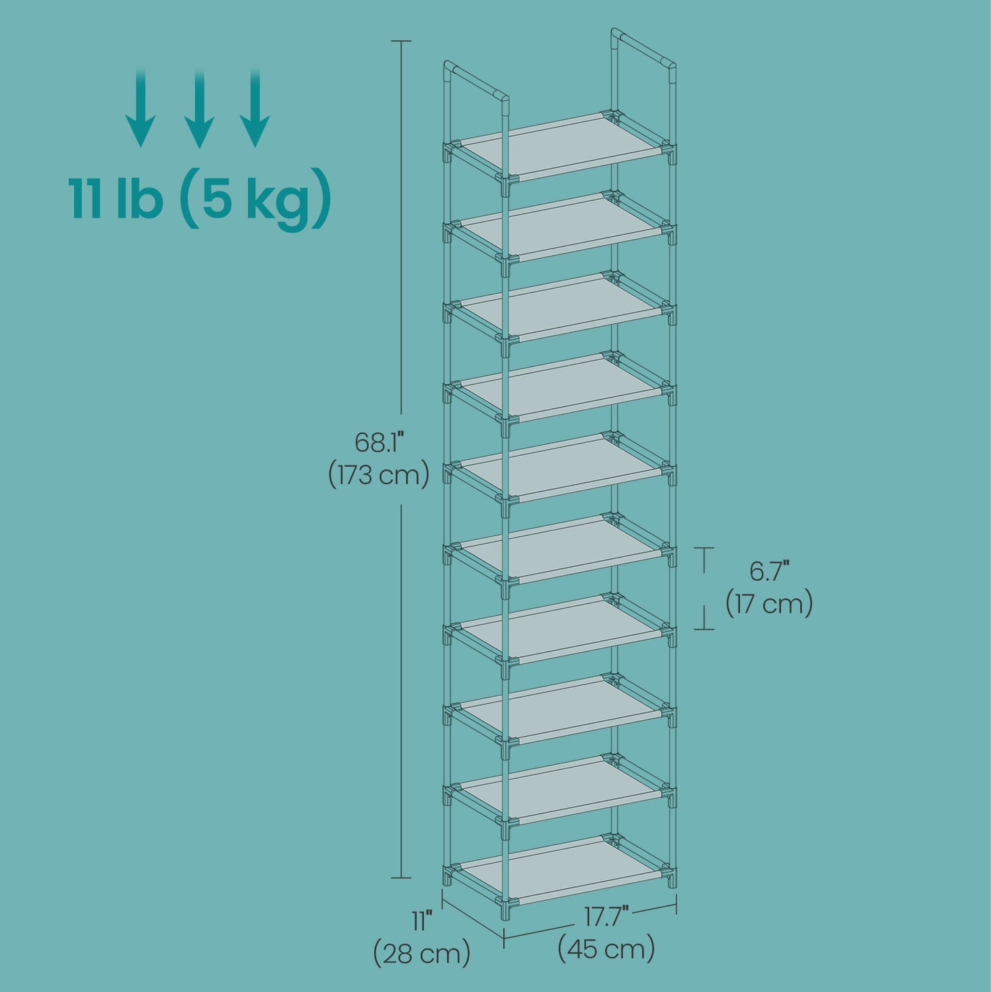10-Tier Shoe Rack, Space-Saving Shoe Shelf Organizer, Sturdy Metal Frame & Non-Woven Fabric, Adjustable Shelves for Entryway, Bedroom, Living Room, Grey