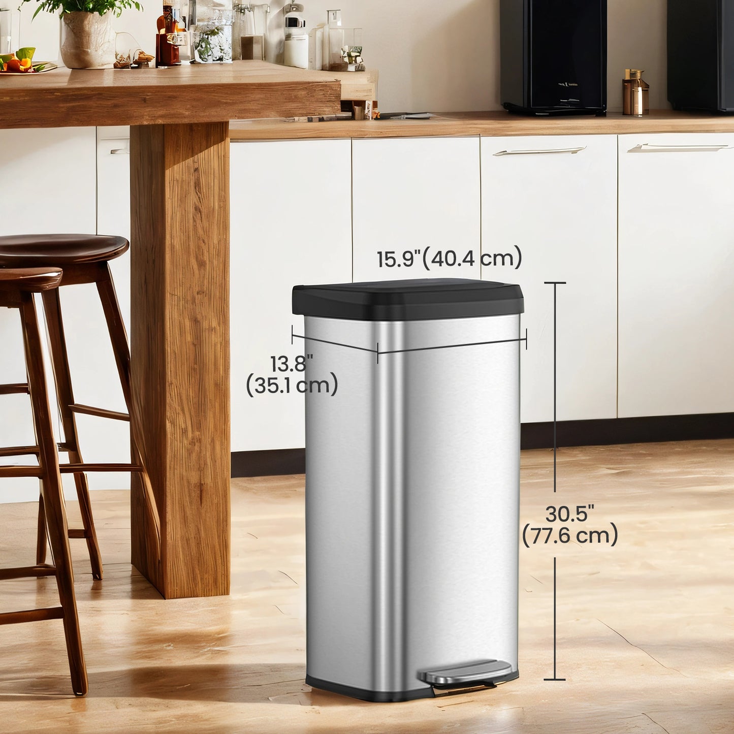 18 Gallon Stainless Steel Kitchen Trash Can, Stay-Open Lid with Step Pedal & Odor Filter, Large Capacity Bin,Silver and Black