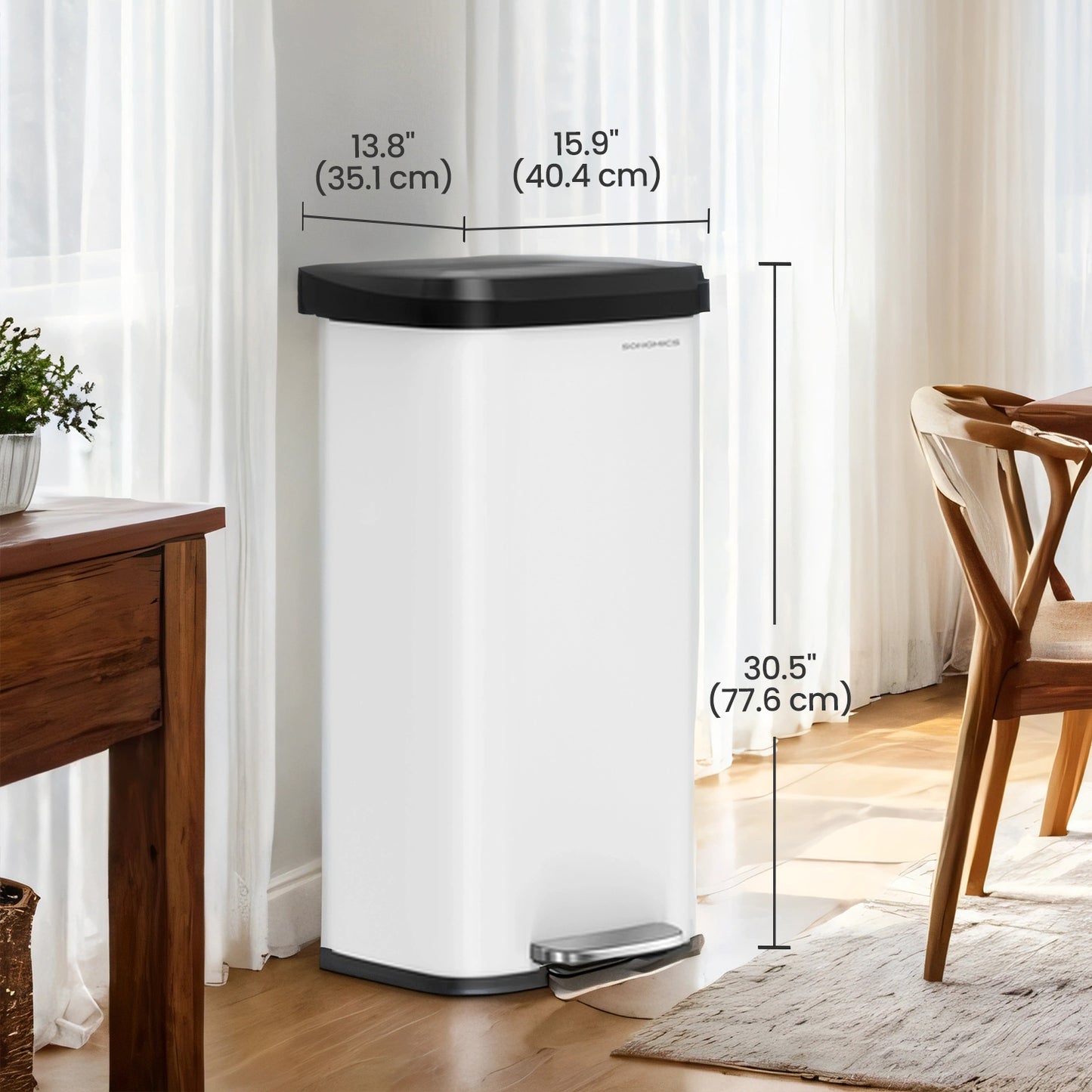18 Gallon Stainless Steel Kitchen Trash Can, Stay-Open Lid with Step Pedal & Odor Filter, Large Capacity Bin,White and Black
