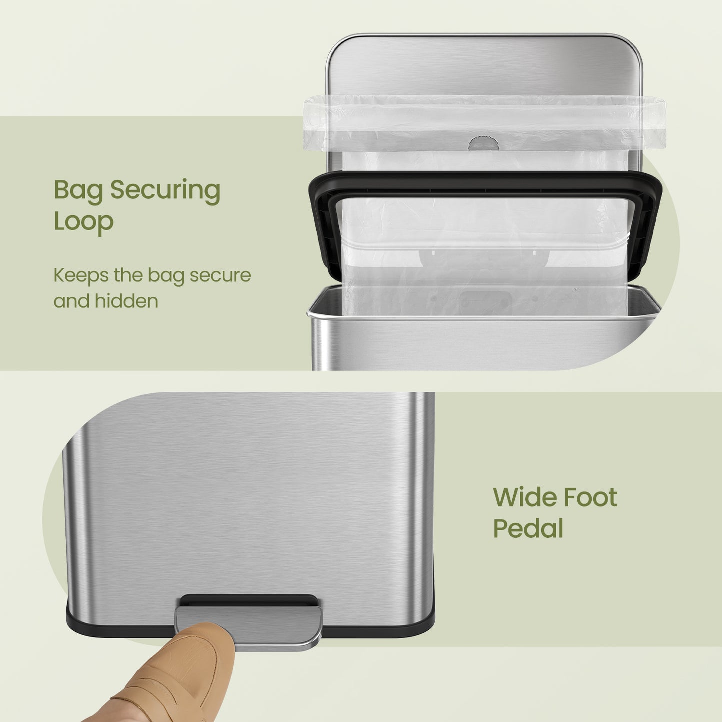 10.5 Gal Step Kitchen Trash Can, Soft-Close Lid, Bag Retainer Ring, Includes 15 Trash Bags, Space Efficient, Stainless Steel,Silver