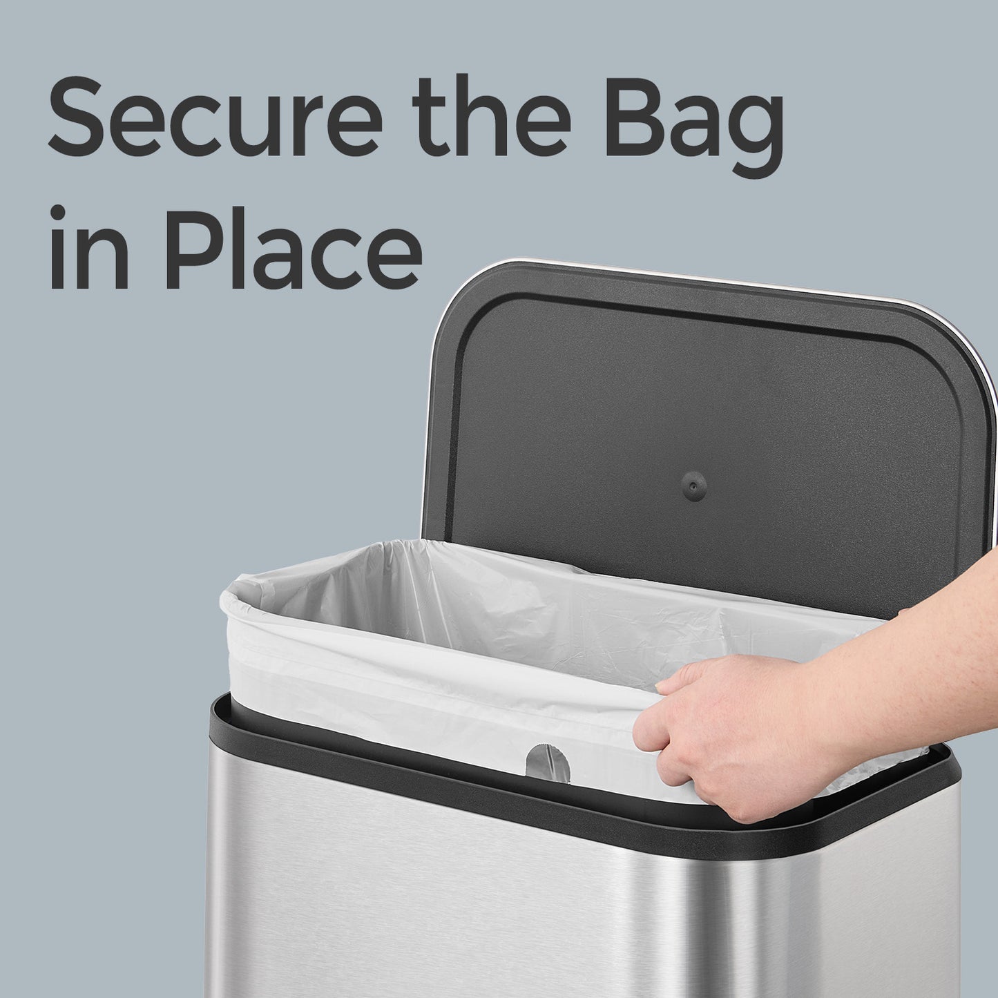 13-Gallon Step Trash Can, Soft-Close Stay-Open Lid, Inner Bucket, Anti-Slip Base, Family Kitchen Stainless Steel Bin,Metallic Silver