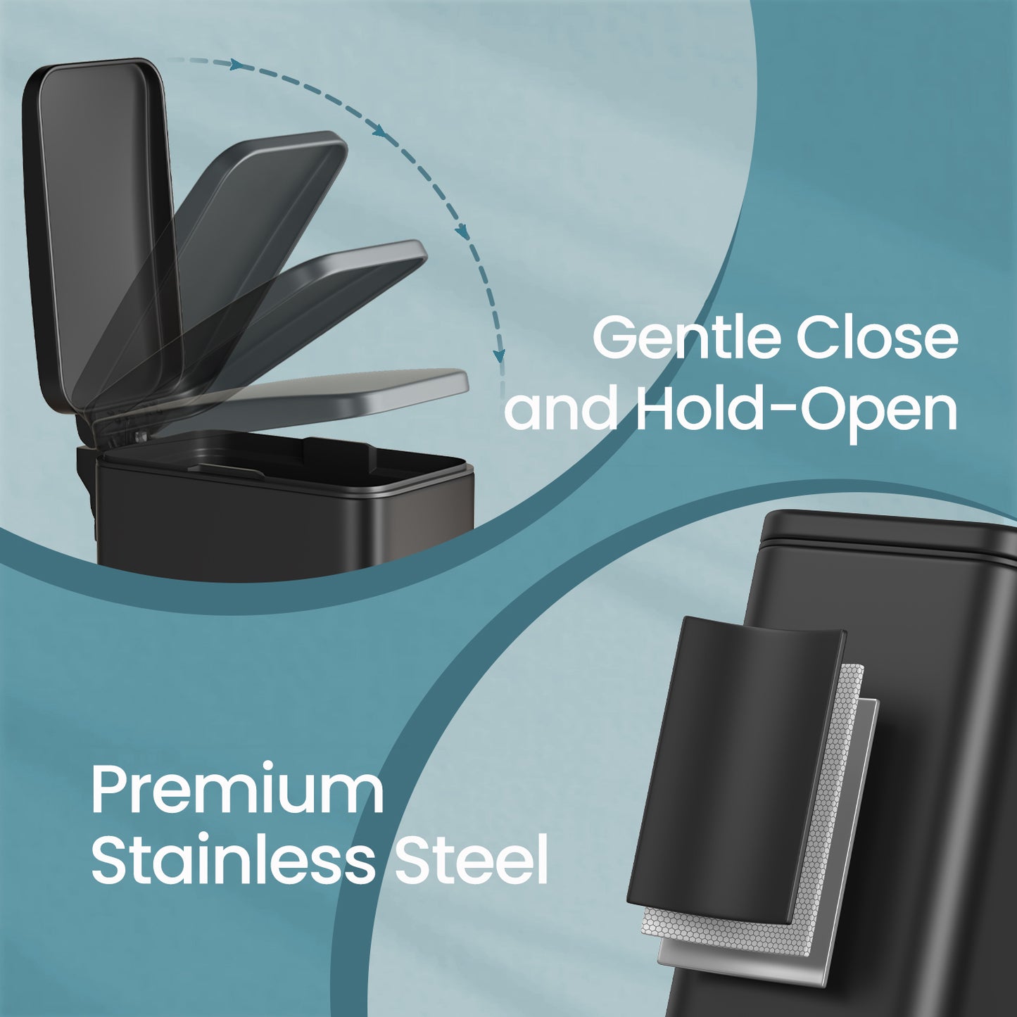 1.3 Gal Slim Step Bathroom Trash Can, Soft-Close Lid, Removable Bucket, Space-Saving Stainless Steel Bin,Black