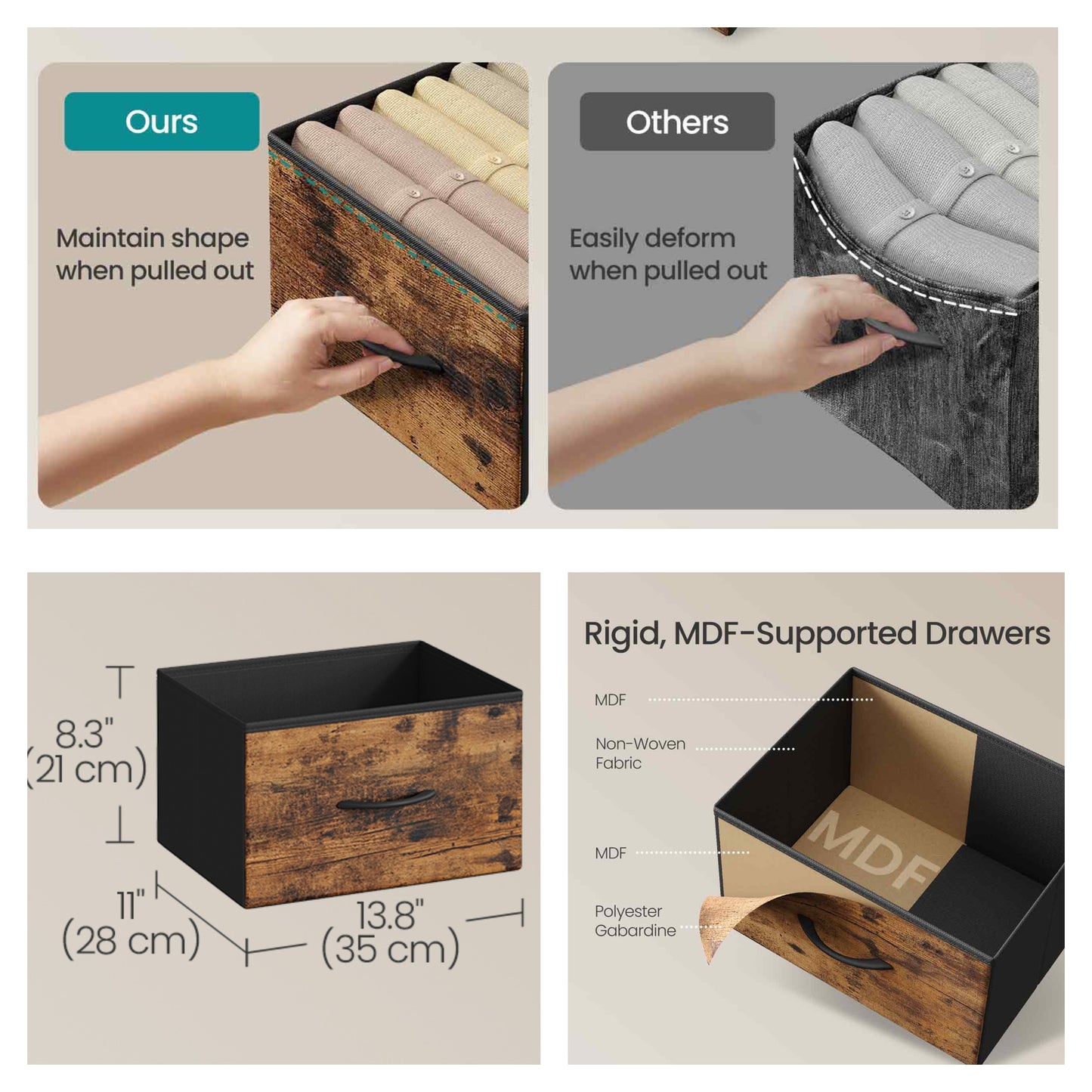 5-Drawer Fabric Dresser with Steel Frame, 66 lb Top Load Storage Organizer for Bedroom Closet, Rustic Brown and Black