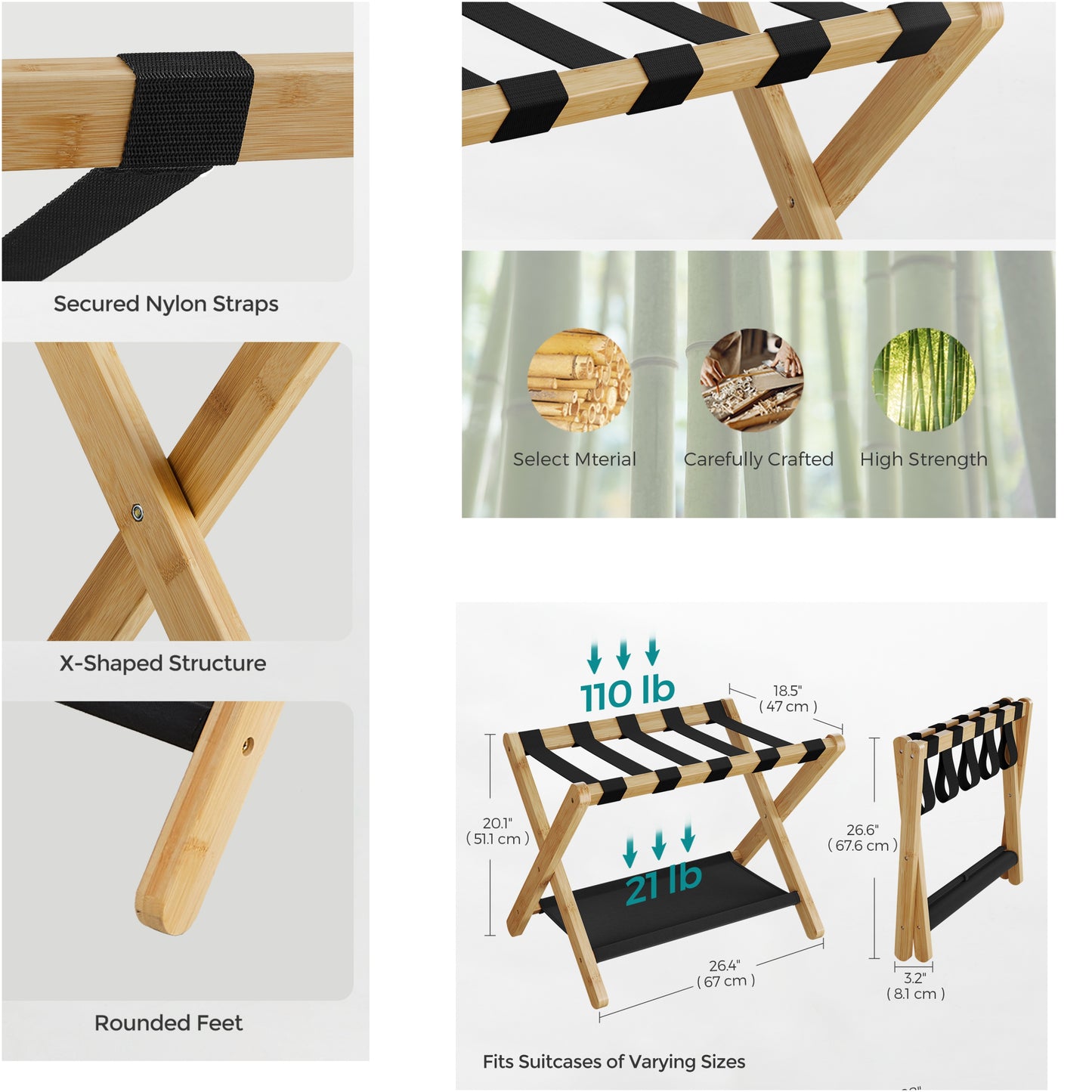 Folding Luggage Rack, Set of 2, Heavy-Duty Suitcase Stand with Storage Shelf & Hook-and-Loop Fastener, for Hotel,Bedroom, Holds 131 lb, Natural Beige