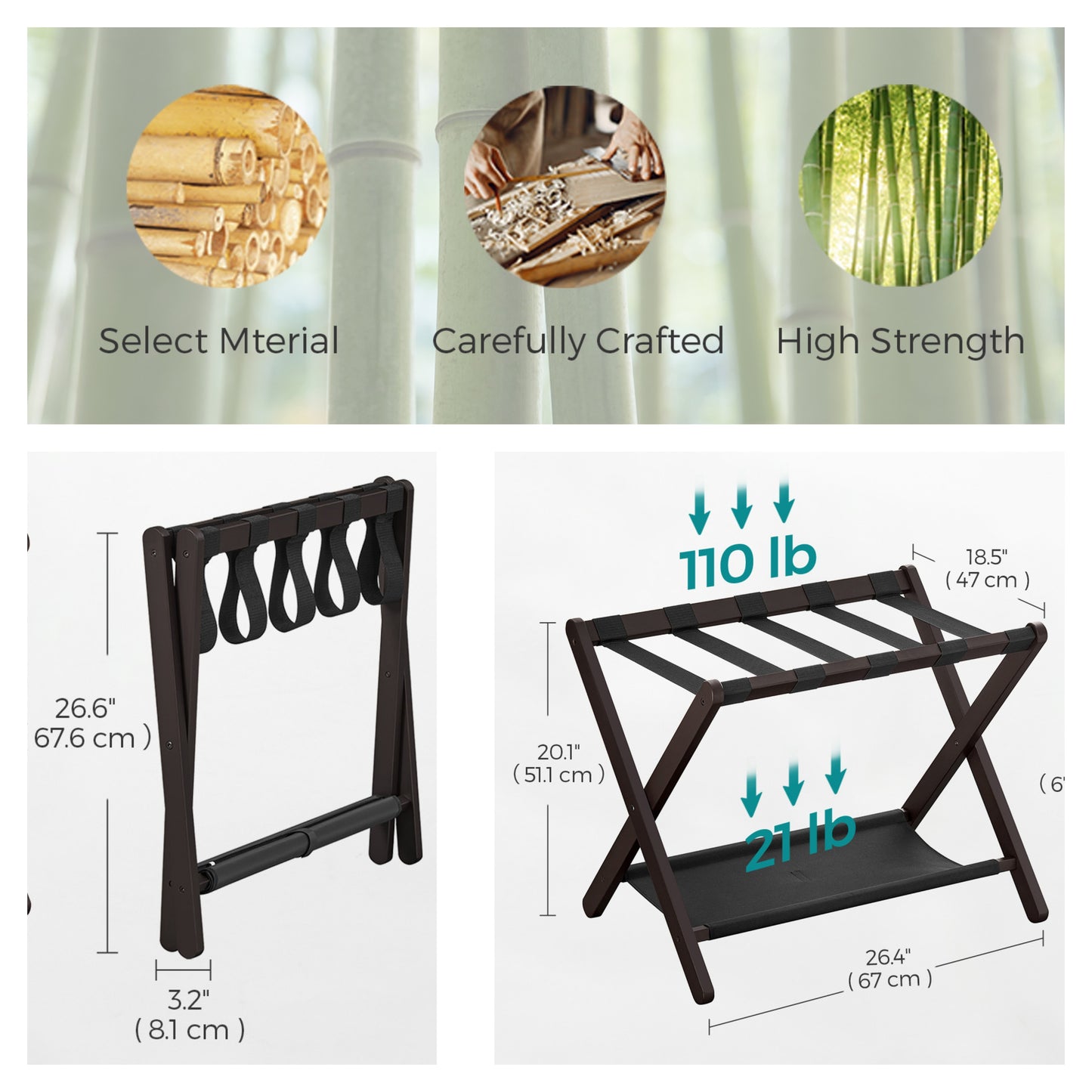 Folding Luggage Rack Set of 2, Heavy-Duty Suitcase Stand with Storage Shelf, for Hotel,Guest Room,Bedroom, Holds 131 lb, Space-Saving Design, Chestnut Brown