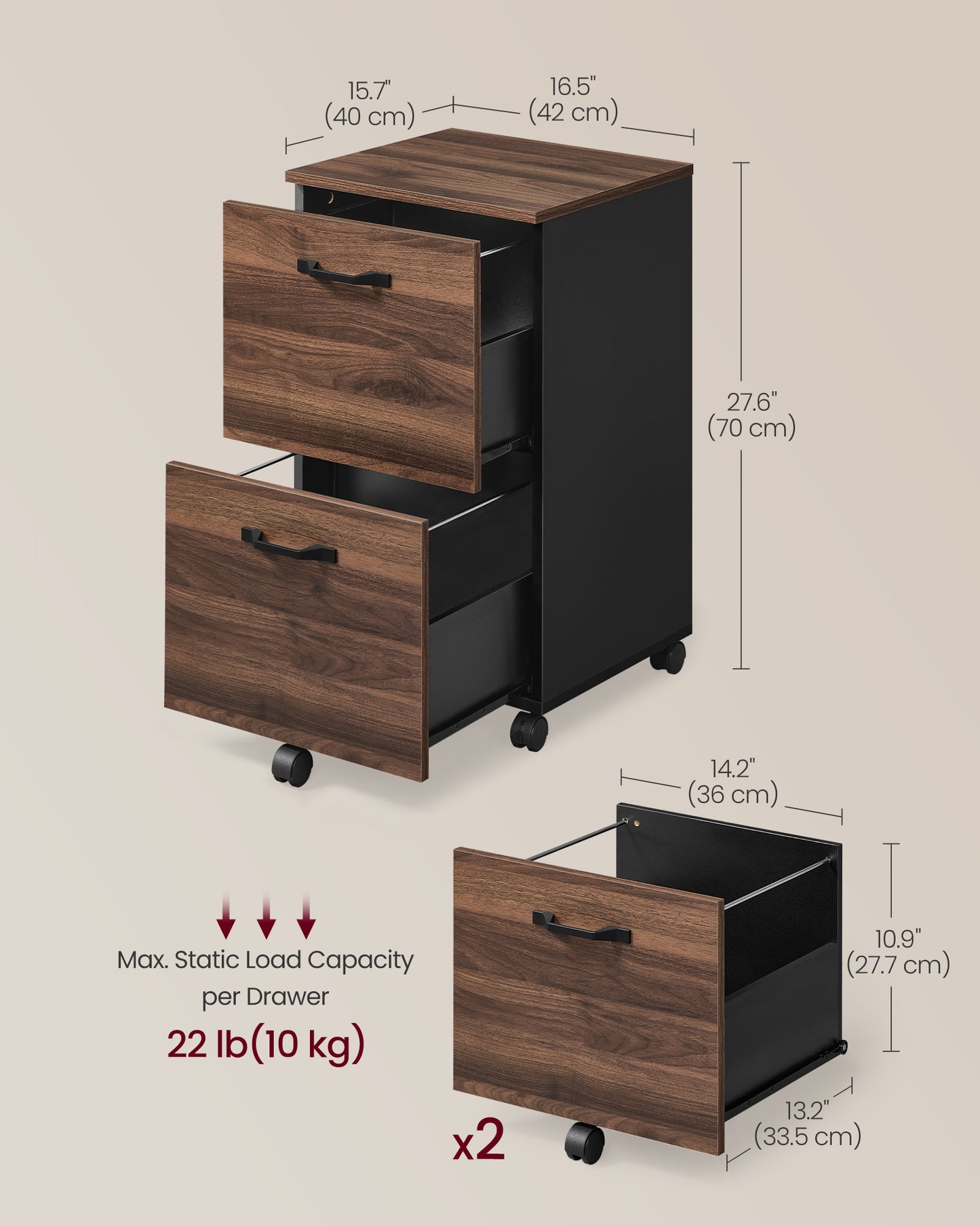 2-Drawer Rolling File Cabinet, Small Office Storage with Lockable Casters, for A4,Letter Documents, Under Desk Printer Stand, Walnut & Black