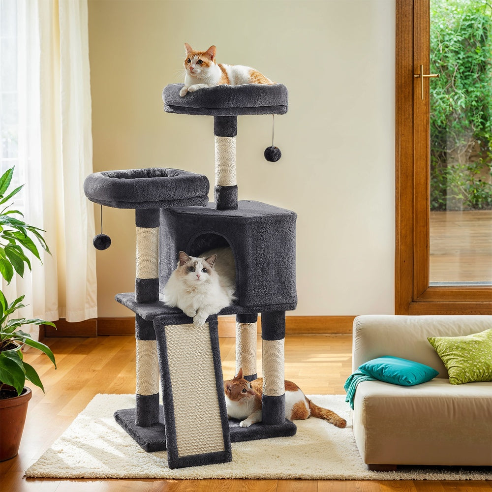45.3-Inch Cat Tree with Spacious Cave, Scratching Ramp & Plush Perches, Multi-Level Cat Condo for Kittens to Adults, Small Spaces, Smoky Gray