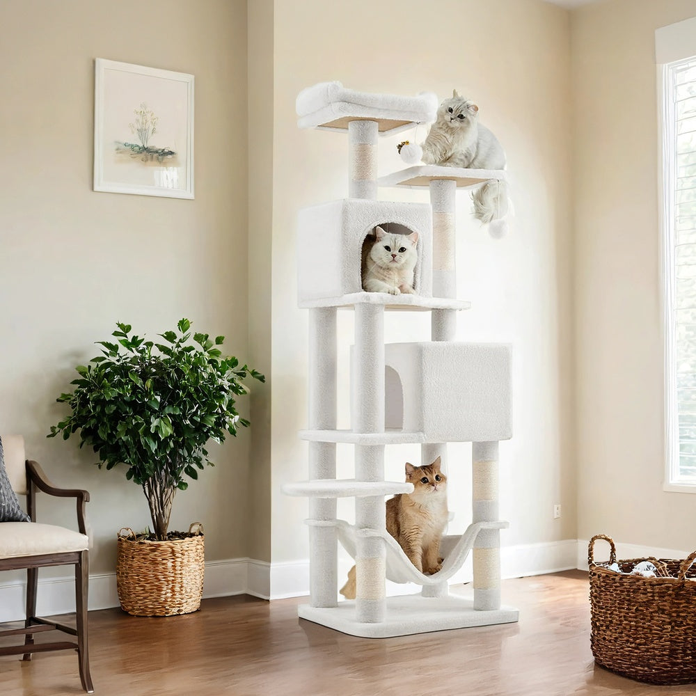 Cat Tree, 61-Inch Cat Tower for Indoor Cats, Multi-Level Cat Condo with 5 Scratching Posts, 2 Perches & 3 Caves, Plush with Hammock, Cream White