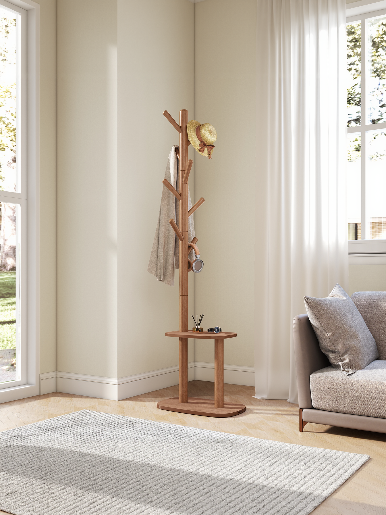 Freestanding Hall Tree Coat Rack with 8 Hooks and Storage Shelf, 67.2 Inch Tall Entryway Organizer for Coats, Hats, Bags, Caramel Brown