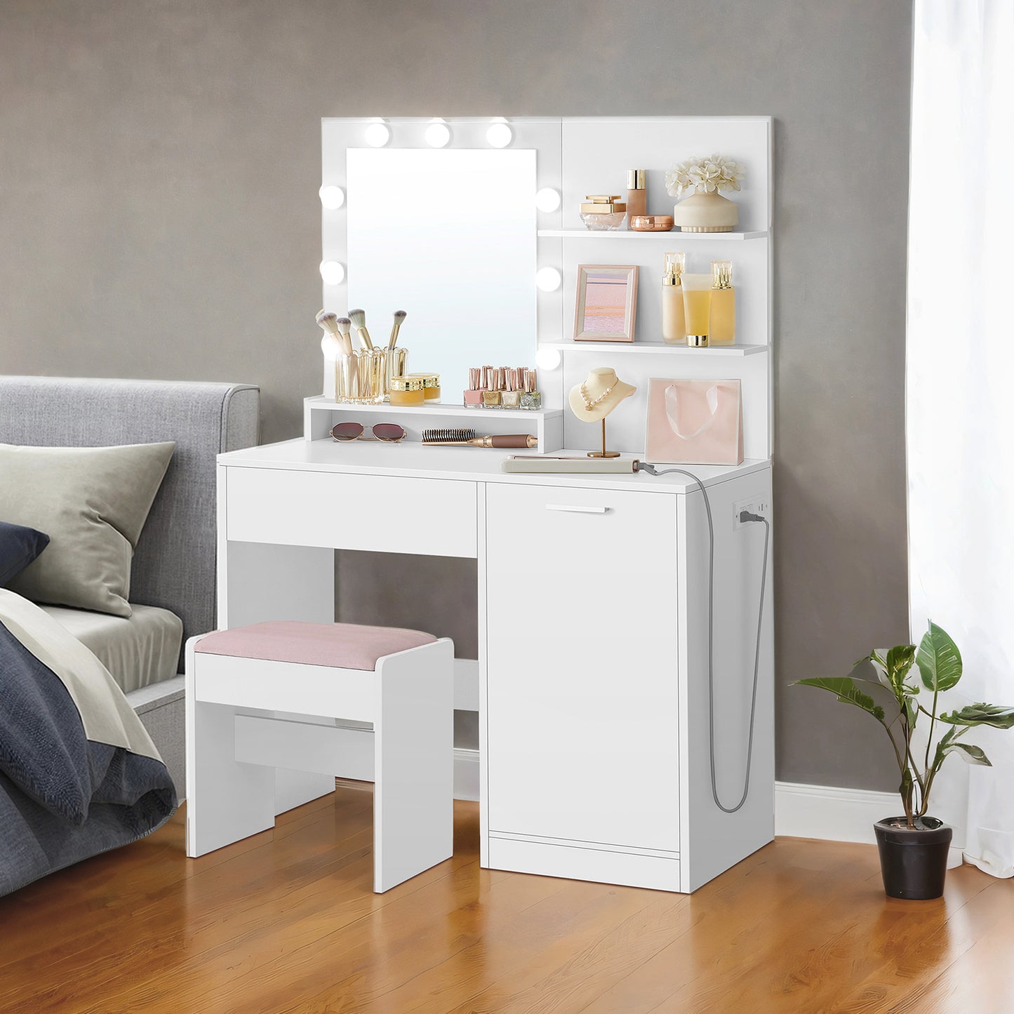 35.4" Modern Makeup Vanity Set with Dimmable LED Mirror, Storage Drawer & Cabinet, Built-in Power Hub, Upholstered Stool, for Bedroom, Cloud White