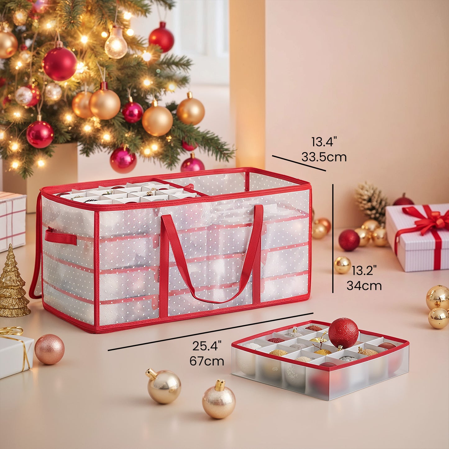 Christmas Ornament Storage Box with 8 Trays, 128-Slot Plastic Container for 3-Inch Baubles, Moisture-Resistant Bin with Lid, Dual Zippers & Side Handles, Cherry Red