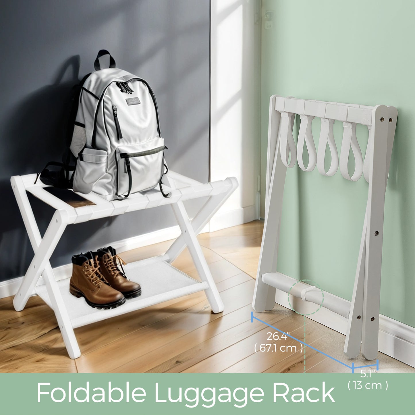 Folding Luggage Rack with Storage Shelf, Heavy-Duty Suitcase Stand for Guest Room and Hotel, Classic White