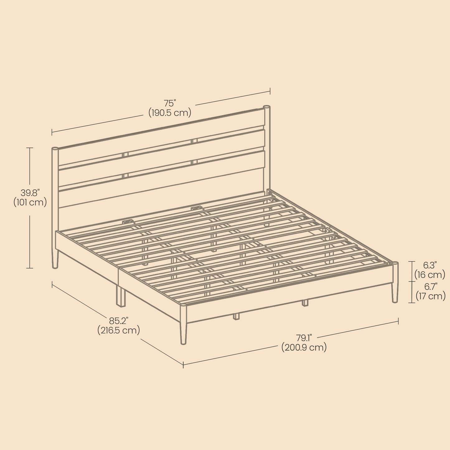 King Size Mid-Century Modern Bed Frame with Headboard, Built-In LED Lighting, 4-Port Charging Station & Storage Shelf, Caramel Brown