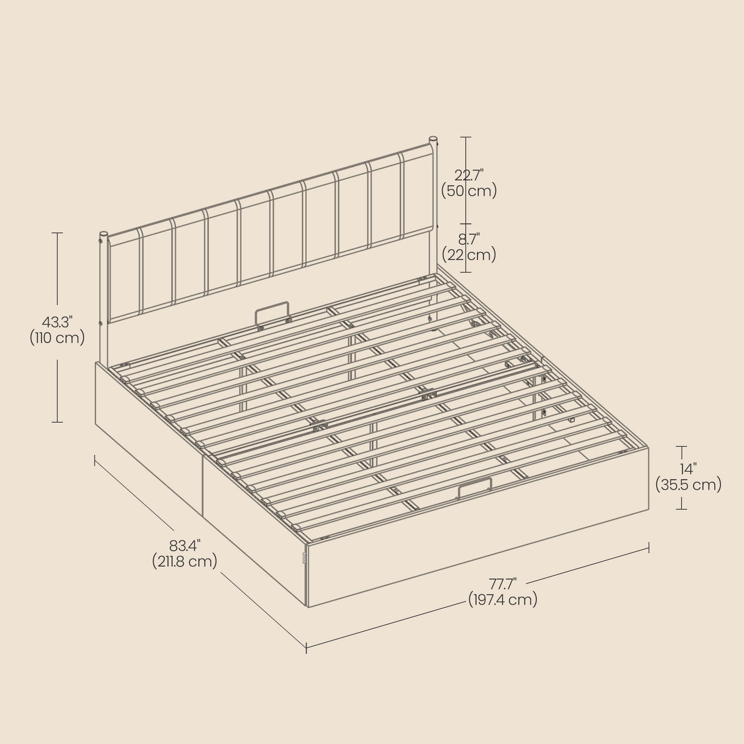 King Size Hydraulic Lift-Up Storage Bed Frame with Upholstered Headboard, 12.5-Inch Underbed Space & Easy Assembly, Cappuccino Beige