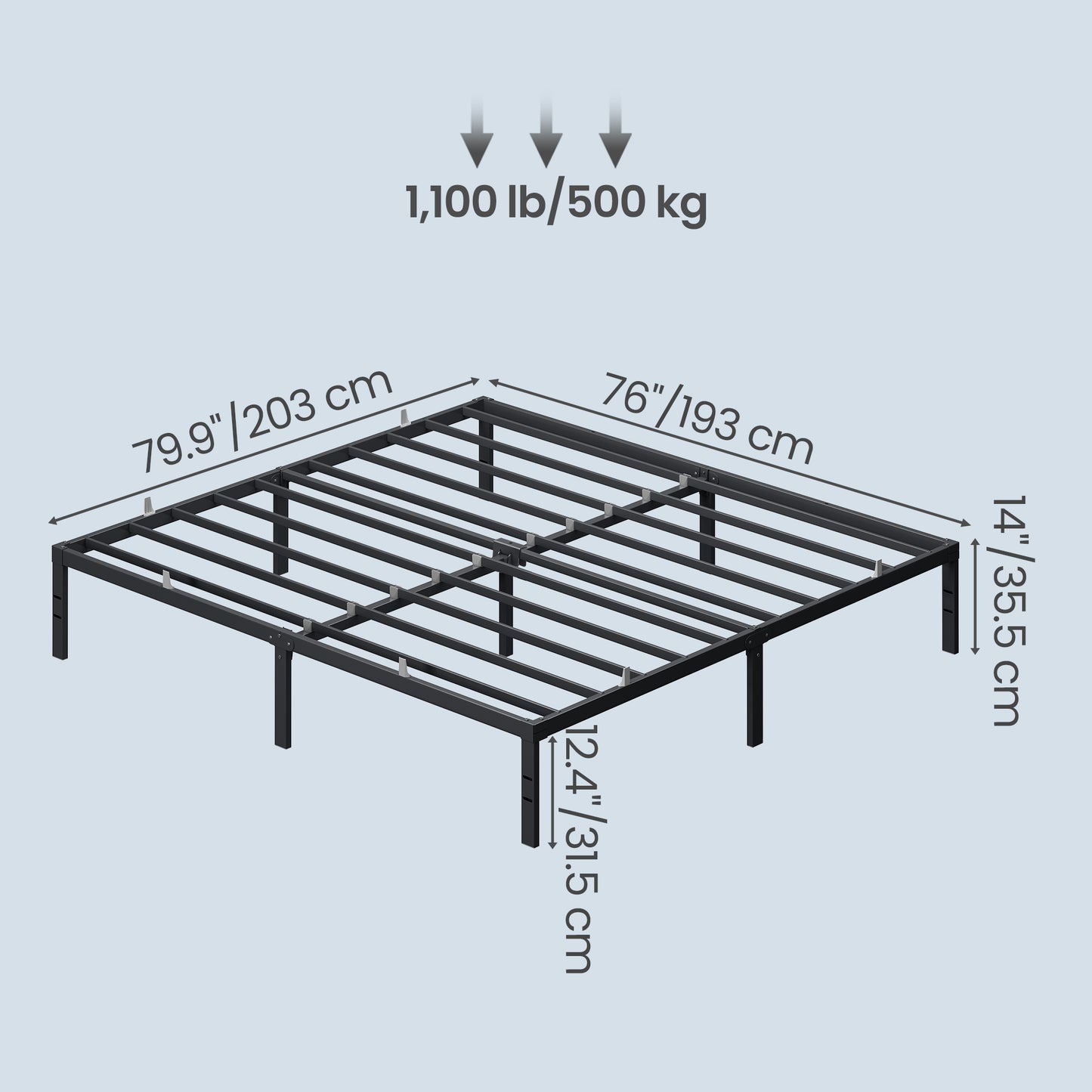 Heavy Duty King Bed Frame, 14" Tall Platform Bed, 1100 lb Capacity, No Box Spring Needed, Under-Bed Storage, Easy Assembly, Mattress Retainers, Matte Black