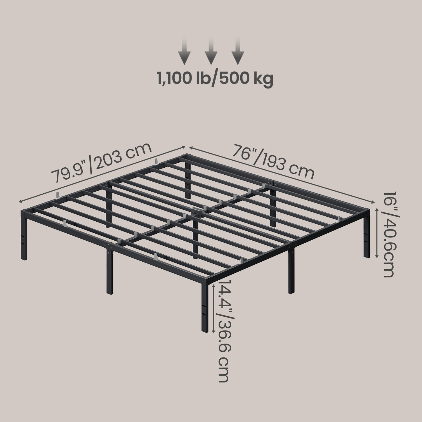 Heavy Duty King Bed Frame, 16" Tall Platform Bed, 1100 lb Capacity, No Box Spring Needed, Under-Bed Storage, Easy Assembly, Mattress Retainers, Matte Black