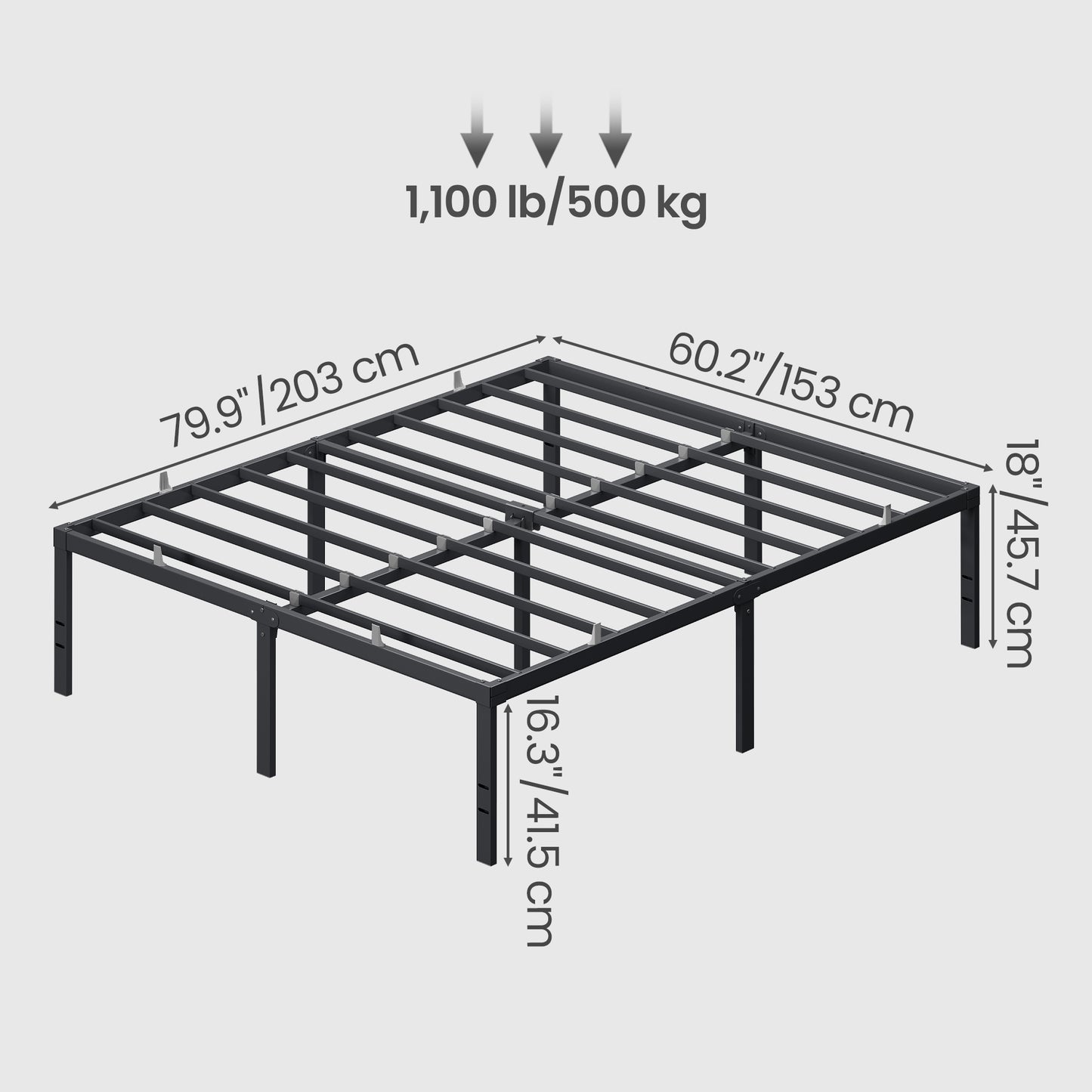 Heavy Duty Queen Bed Frame, 18" Tall Platform Bed, 1100 lb Capacity, No Box Spring Needed, Under-Bed Storage, Easy Assembly, Mattress Retainers, Matte Black