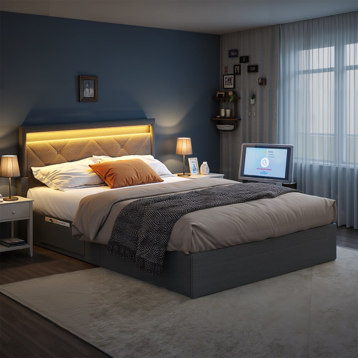 Full Size LED Platform Bed Frame, Adjustable 37.1/39.6 Inch Upholstered Headboard with 4 Drawers, 2 Charging Ports & Storage Bags, Dark Gray