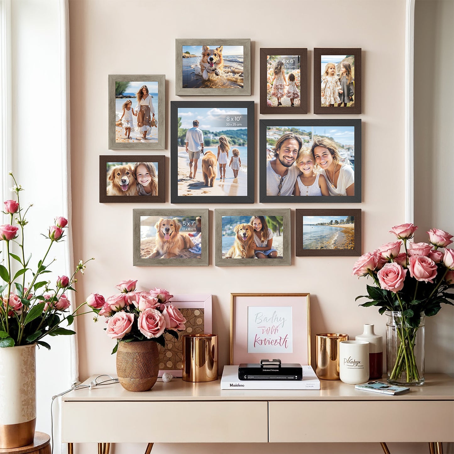 Picture Frames Set of 10, Collage Photo Frame Set with Two 8x10, Four 5x7 & Four 4x6, Wall Gallery Decor or Table Display, Glass, Maroon Brown, Heather Greige and Ash Black