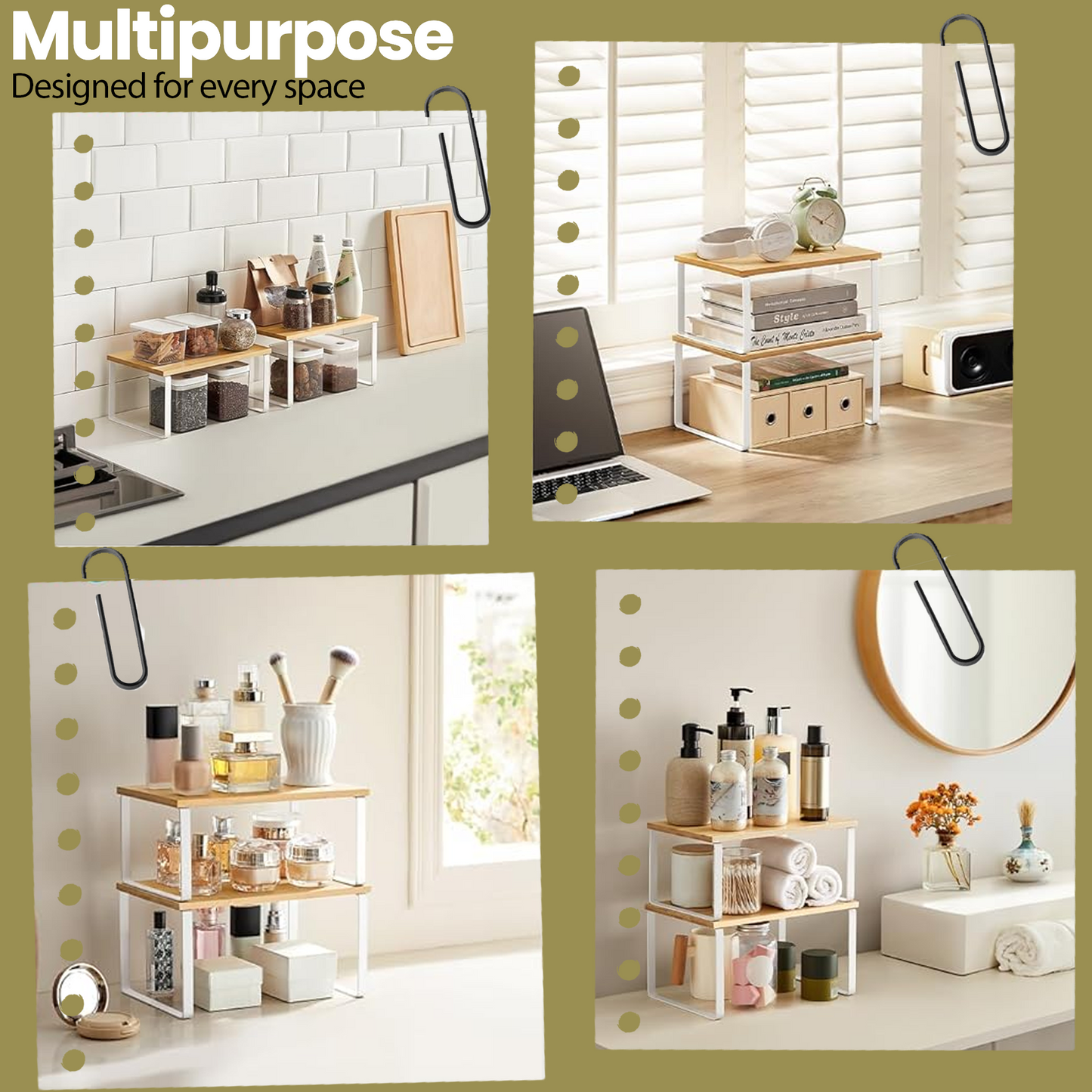 Kitchen Cabinet Organizer Shelf Set - 4-Tier Stackable & Expandable Storage Rack, Spice & Pantry Shelf, Metal,Wood Design, White,Beige