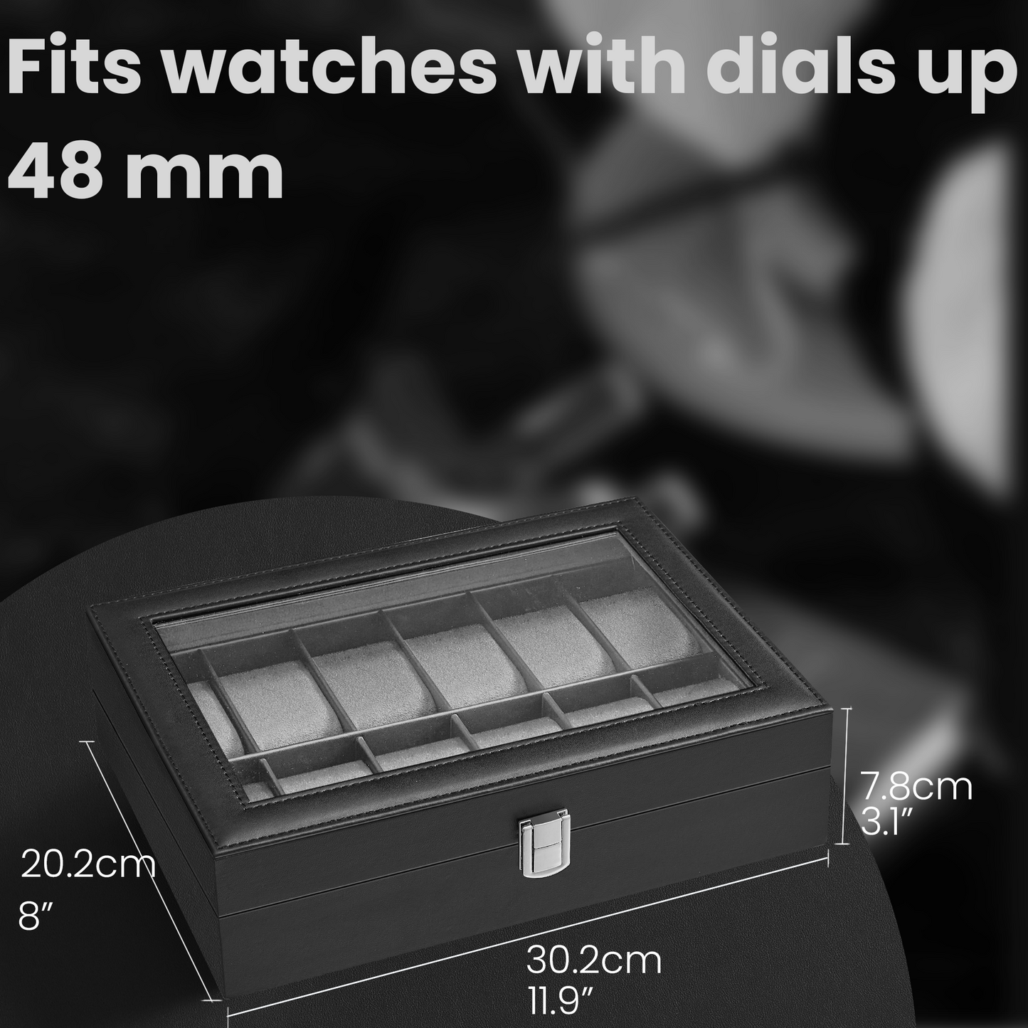 12-Slot Deluxe Watch Display Case with Glass Top, Removable Pillows & PU Leather, Watch Organizer Gift Box, Black and Gray