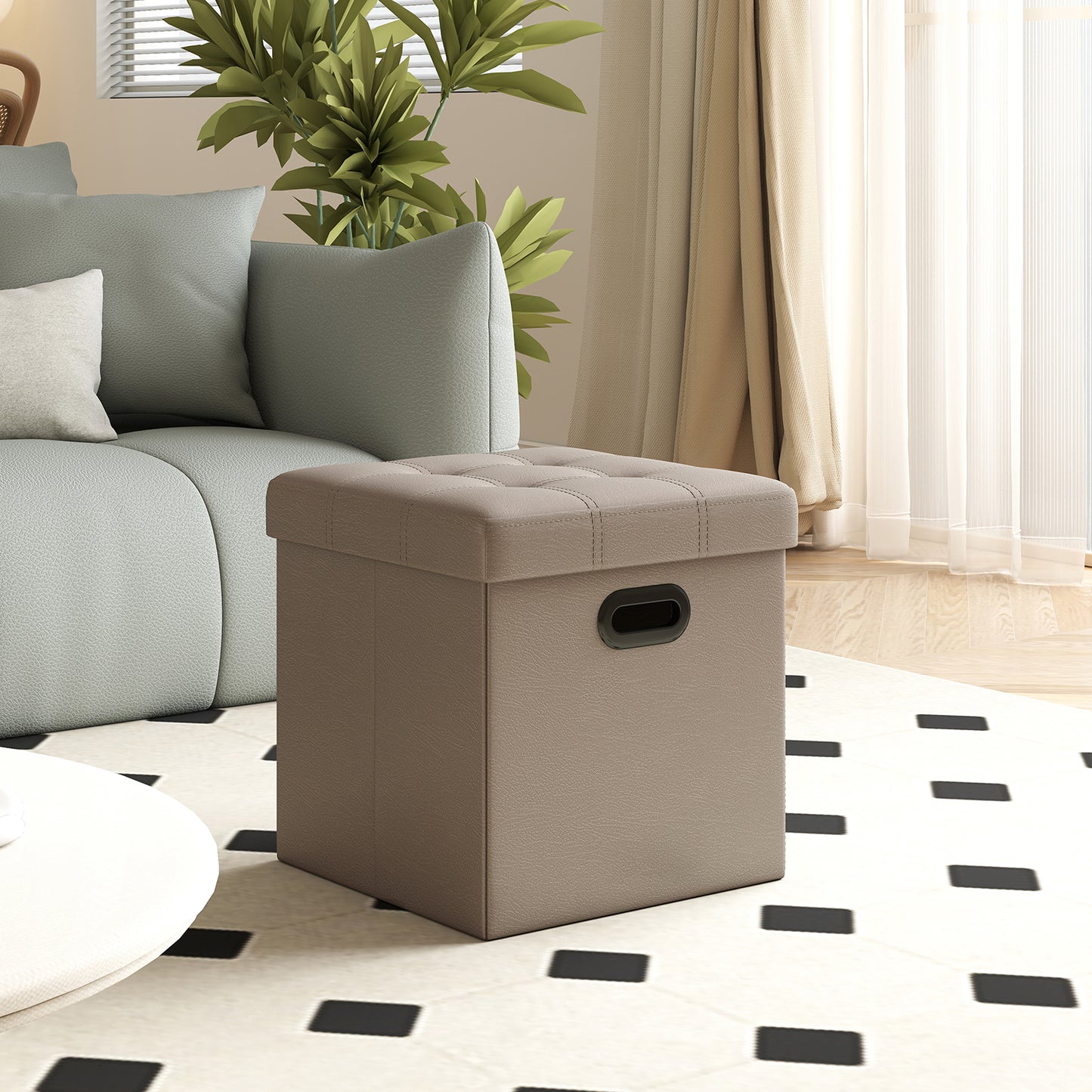15 Inch Storage Ottoman with Metal Handles, Foldable Footstool with 660 lb Capacity for Living Room and Bedroom, Camel Brown