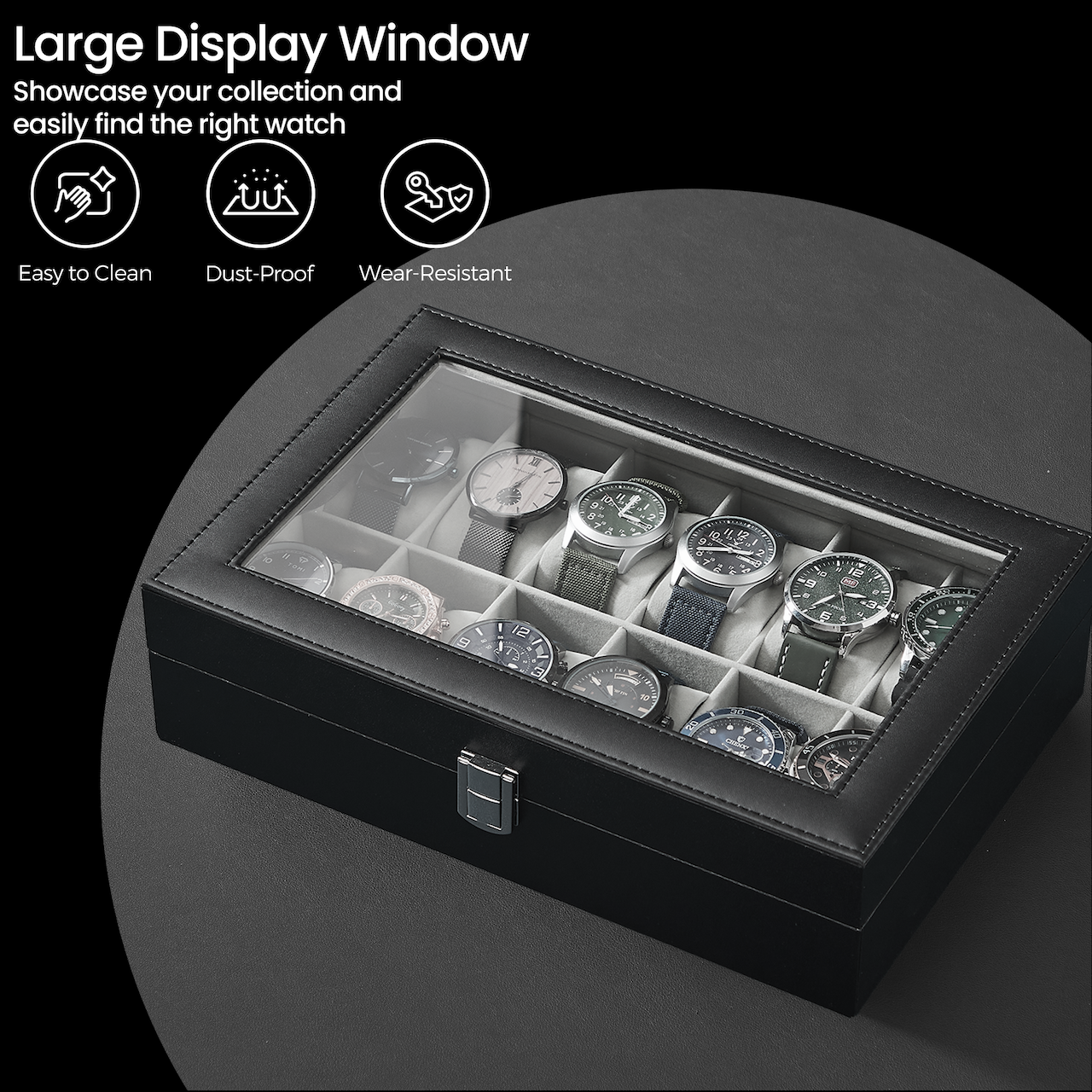 12-Slot Deluxe Watch Display Case with Glass Top, Removable Pillows & PU Leather, Watch Organizer Gift Box, Black and Gray