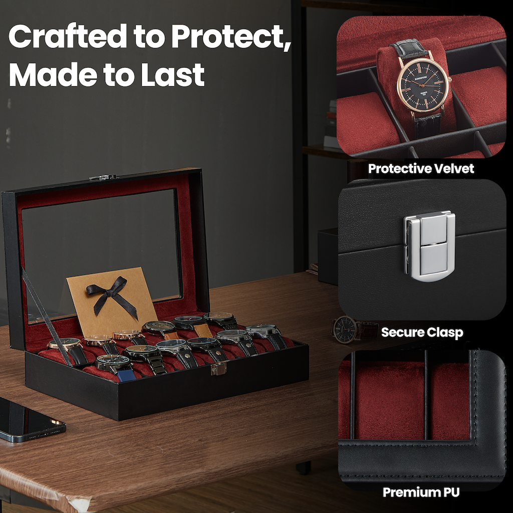 12-Slot Premium Watch Case with Glass Lid & Removable Pillows, PU Leather Watch Organizer, Gift Box for Watch Lovers, Black and Wine Red