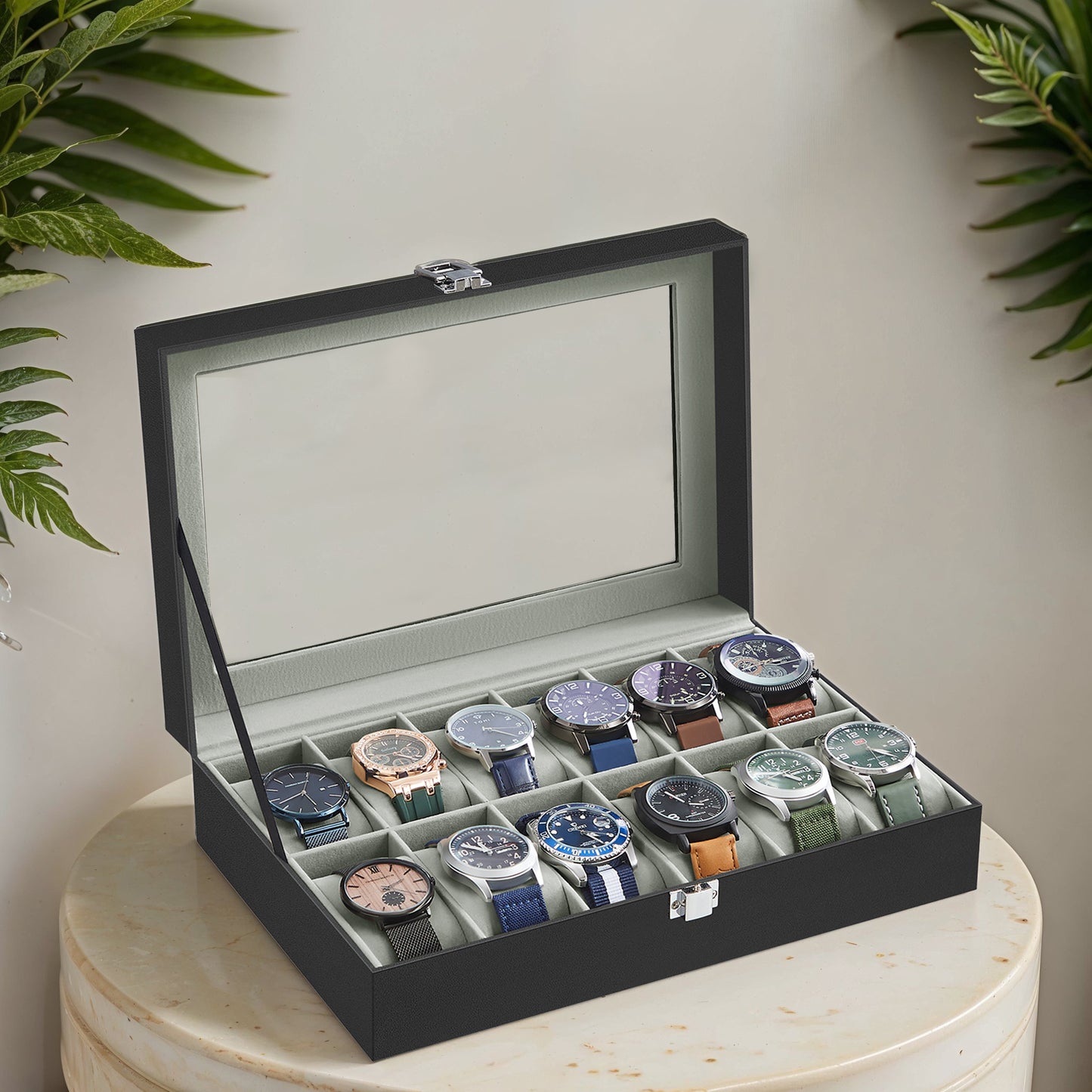 12-Slot Deluxe Watch Display Case with Glass Top, Removable Pillows & PU Leather, Watch Organizer Gift Box, Black and Gray