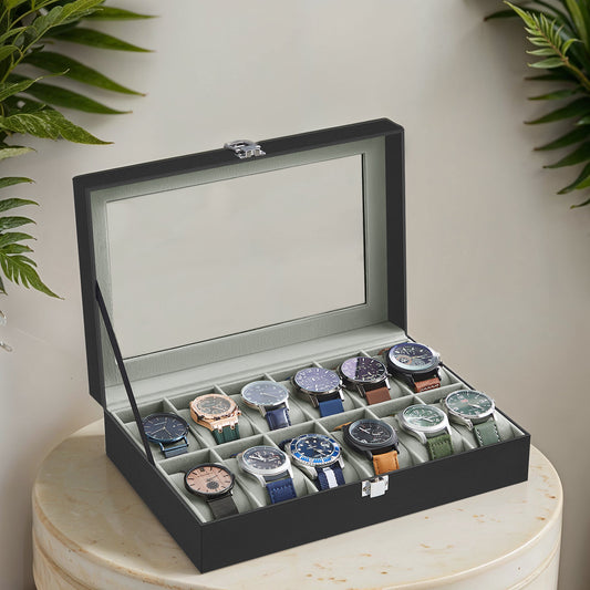 12-Slot Deluxe Watch Display Case with Glass Top, Removable Pillows & PU Leather, Watch Organizer Gift Box, Black and Gray