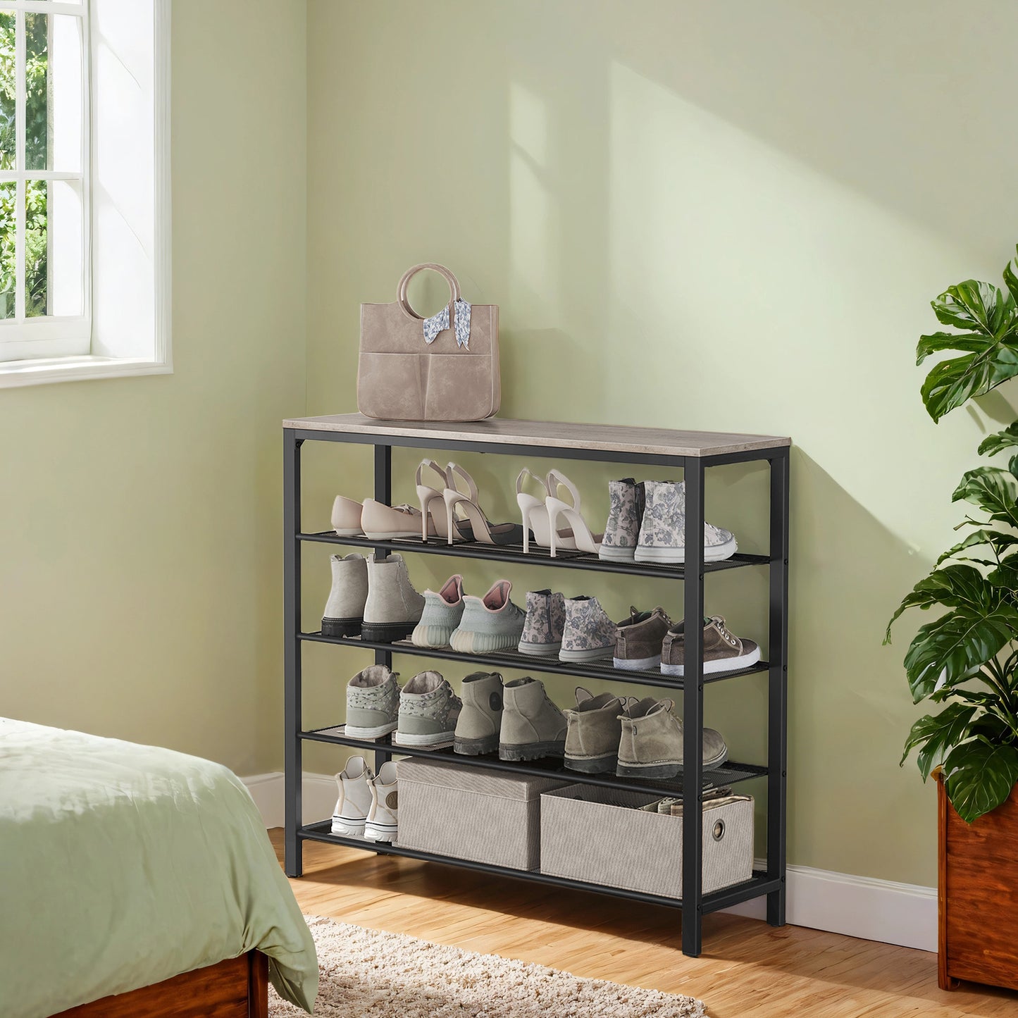 INDESTIC 5-Tier Shoe Rack, Heavy-Duty Steel Frame with 4 Mesh Shelves & Large Top for Shoes，Bags, Entryway Organizer, Adjustable Feet, Greige，Black