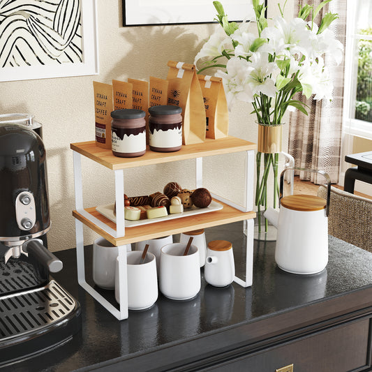 Kitchen Cabinet Organizer Shelf Set of 4 - Stackable & Expandable Countertop Storage, Spice Rack for Pantry, Metal Frame & Wood Top, Ink Black & Natural Beige