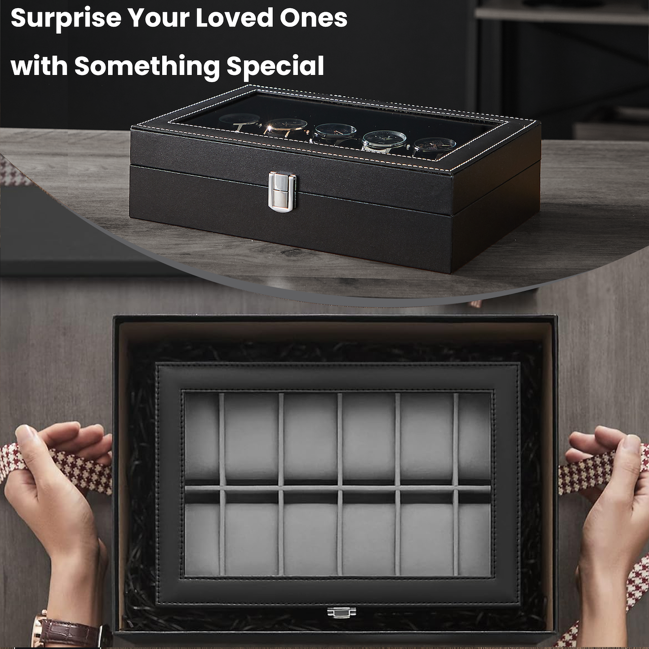12-Slot Deluxe Watch Display Case with Glass Top, Removable Pillows & PU Leather, Watch Organizer Gift Box, Black and Gray