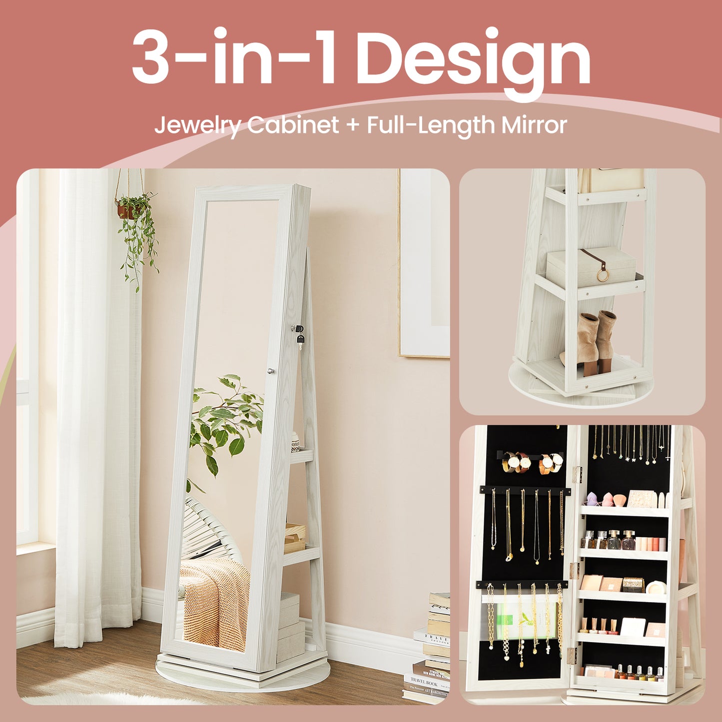 360° Swivel Lockable Jewelry Armoire with Full-Length Mirror, 120 Earring Slots, 12 Necklace Hooks, 78 Ring Slots, Rear Shelves & Interior Mirror，White