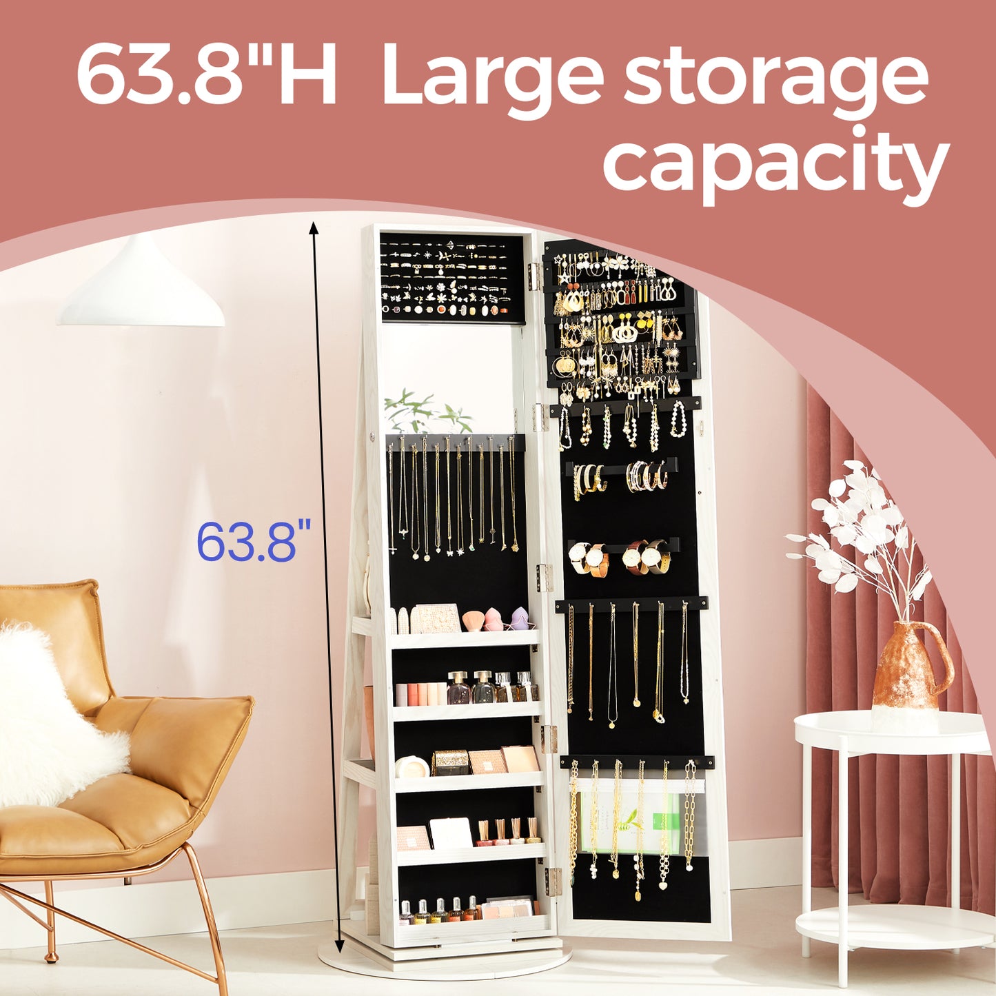 360° Swivel Lockable Jewelry Armoire with Full-Length Mirror, 120 Earring Slots, 12 Necklace Hooks, 78 Ring Slots, Rear Shelves & Interior Mirror，White