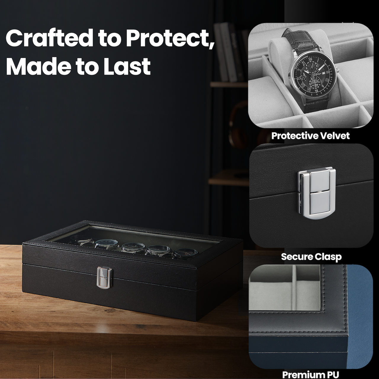 12-Slot Deluxe Watch Display Case with Glass Top, Removable Pillows & PU Leather, Watch Organizer Gift Box, Black and Gray