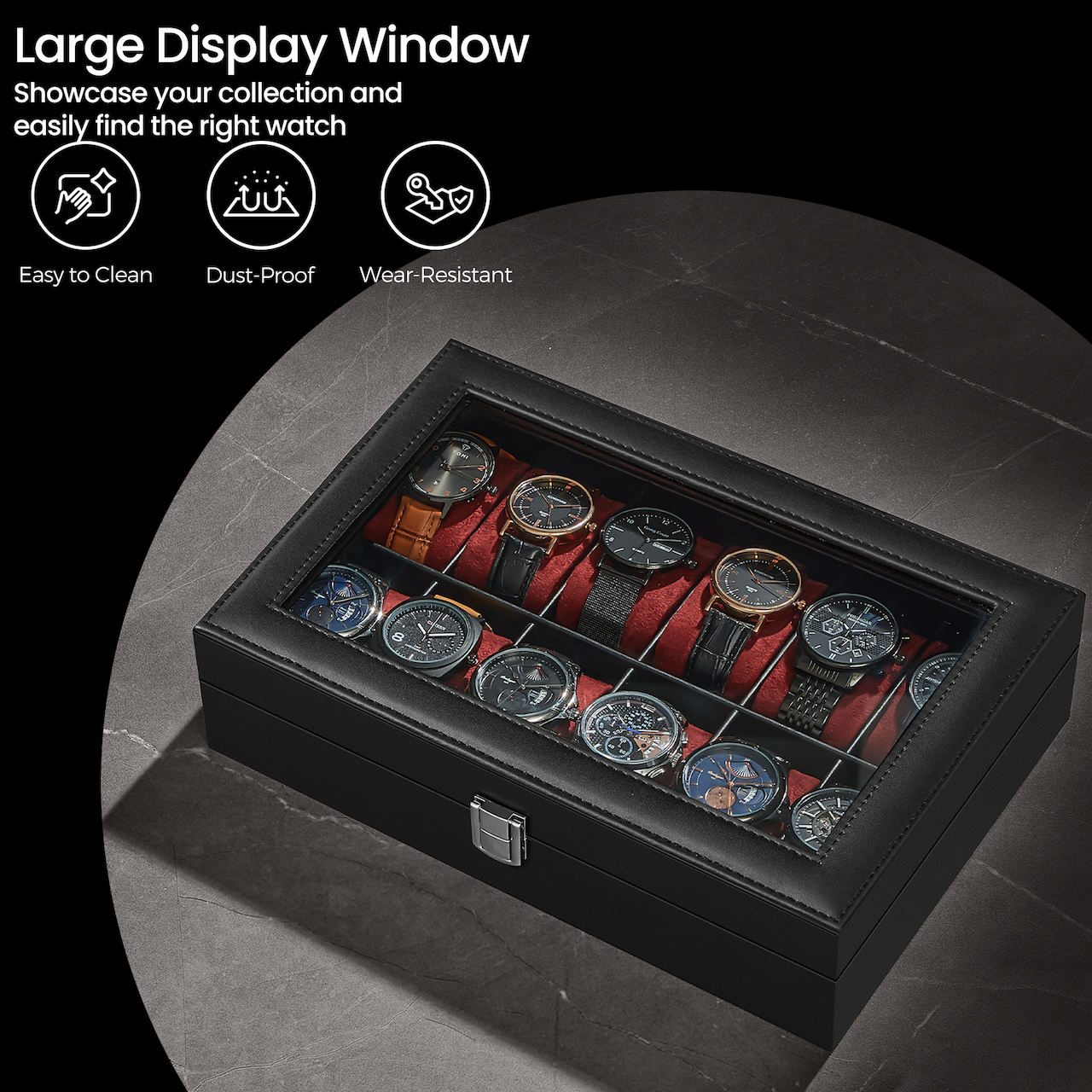 12-Slot Premium Watch Case with Glass Lid & Removable Pillows, PU Leather Watch Organizer, Gift Box for Watch Lovers, Black and Wine Red