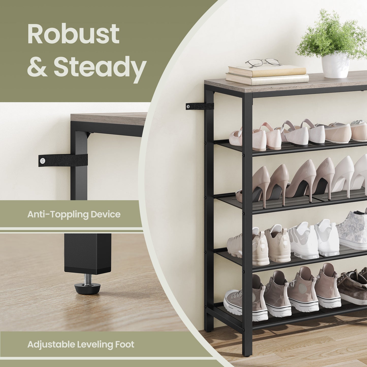 INDESTIC 5-Tier Shoe Rack, Heavy-Duty Steel Frame with 4 Mesh Shelves & Large Top for Shoes，Bags, Entryway Organizer, Adjustable Feet, Greige，Black