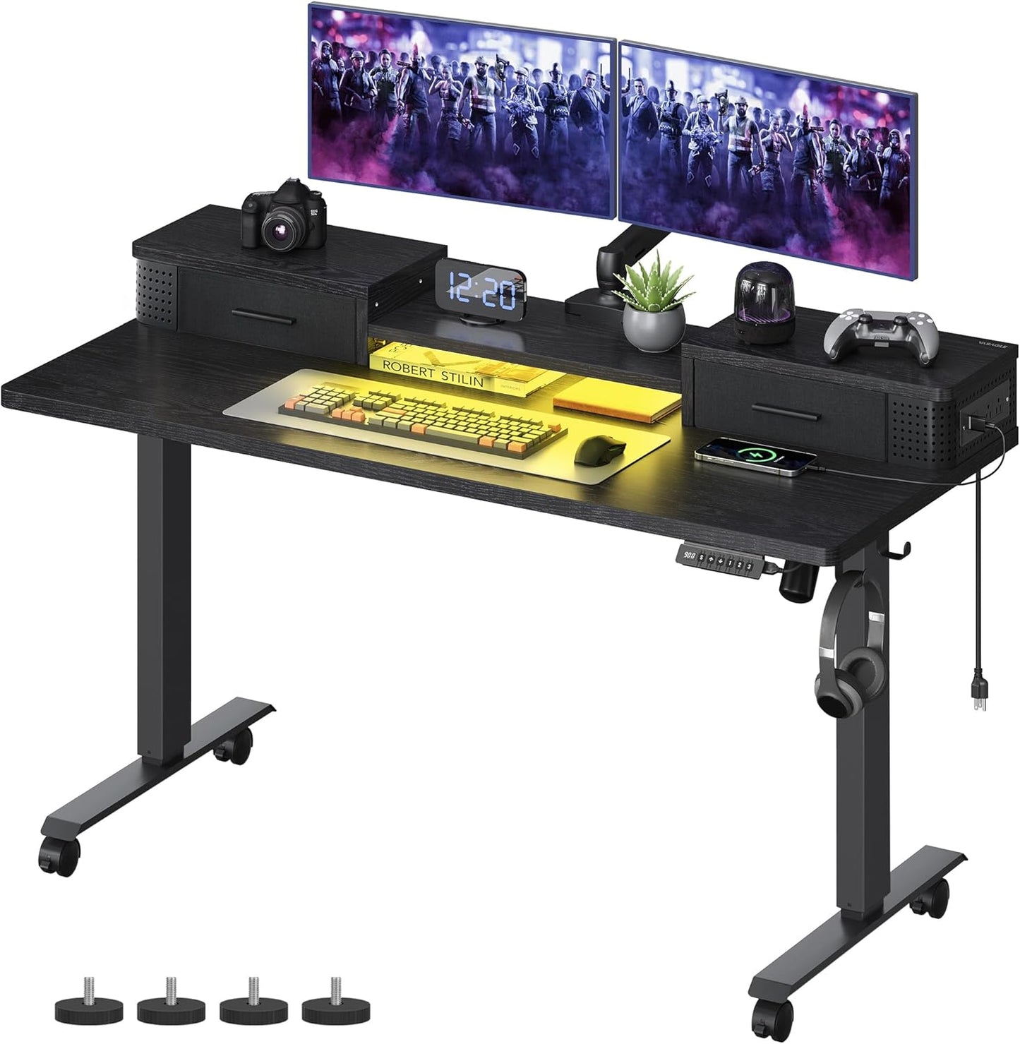 LEDREM Electric Standing Desk with Drawers, 55.1 x 23.6 Inches Sit-Stand Desk with Adjustable Height, Power Outlets, LED Lights, Storage Shelf, 3 Memory Buttons, Ink Black