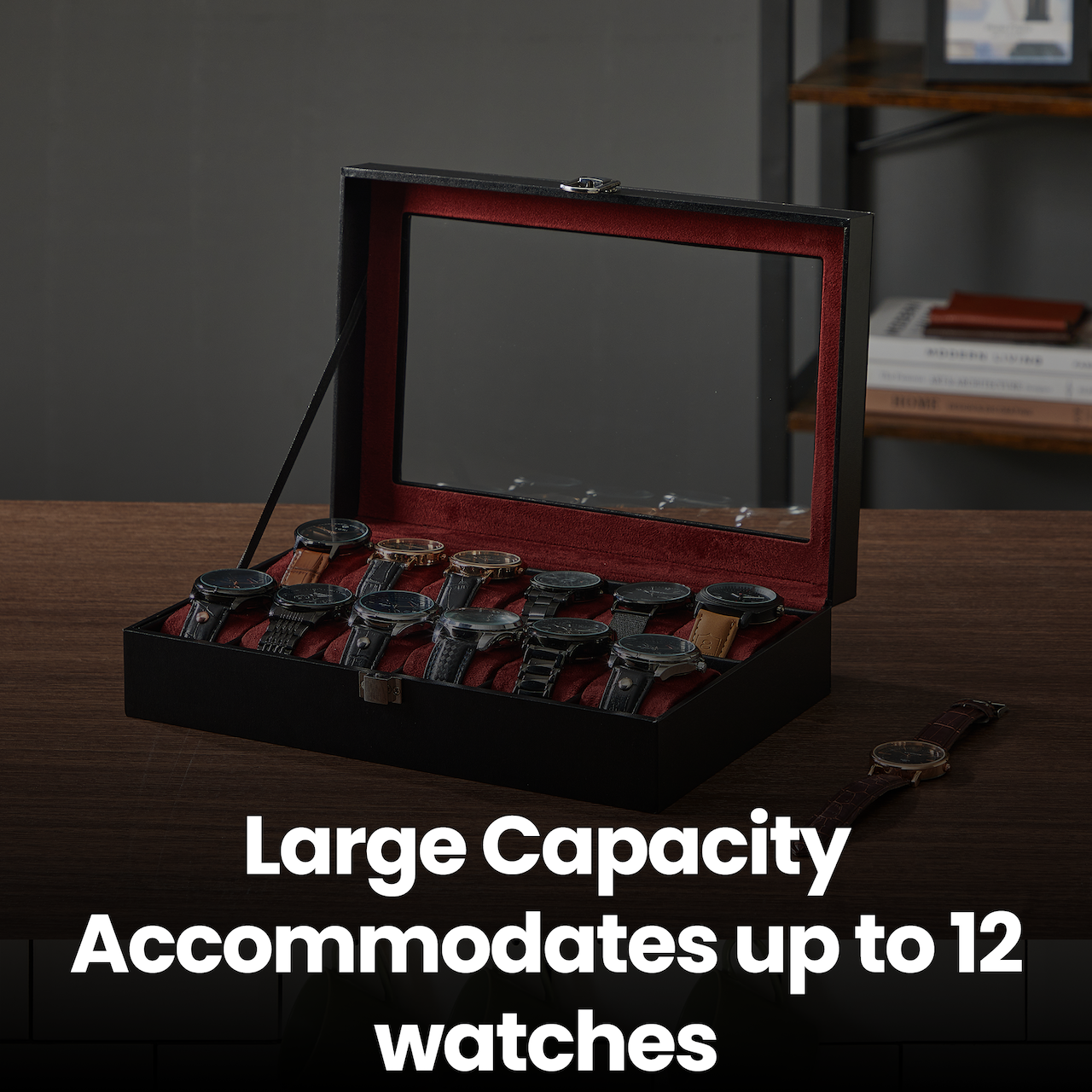 12-Slot Premium Watch Case with Glass Lid & Removable Pillows, PU Leather Watch Organizer, Gift Box for Watch Lovers, Black and Wine Red