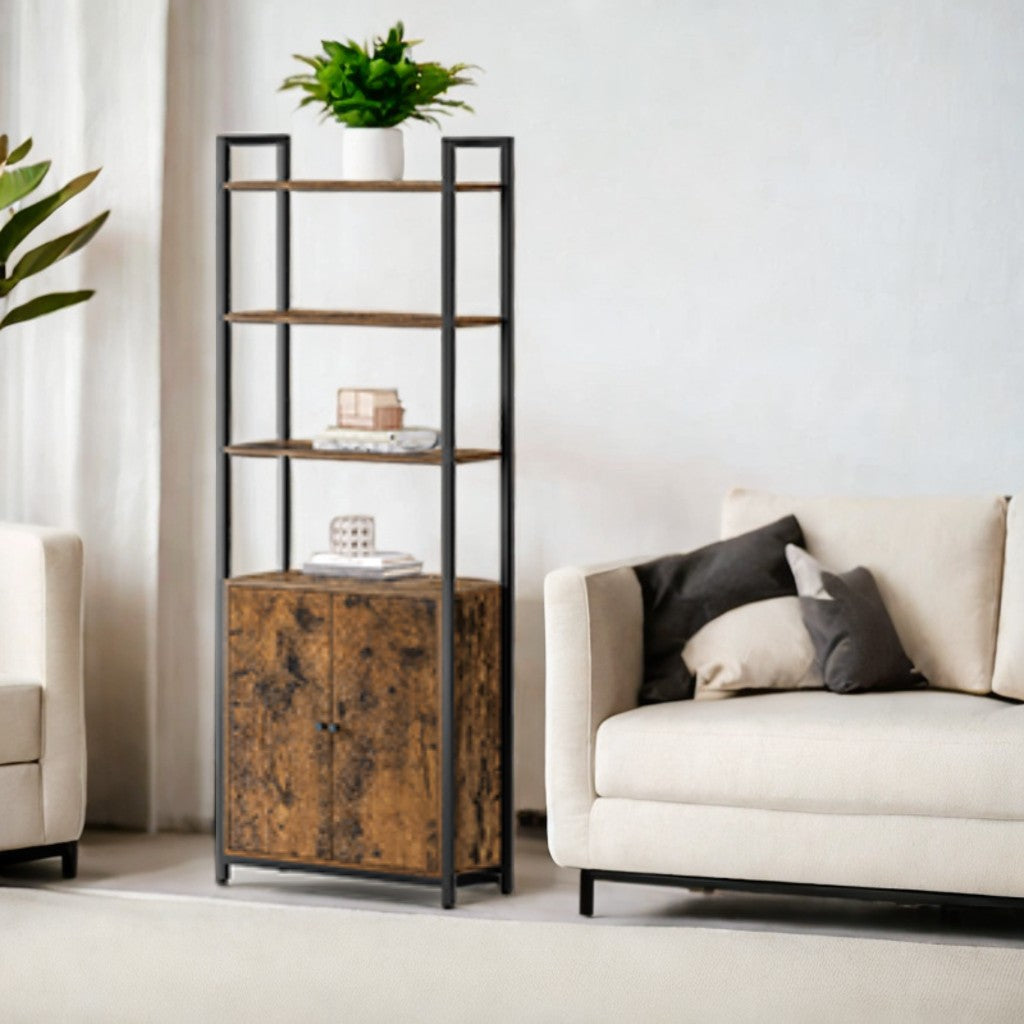 6-Tier Bookshelf with Cabinet, Adjustable Storage Shelves & Steel Frame, 62.8 Inch Tall Bookcase for Living Room & Bedroom, Ebony Black & Ink Black
