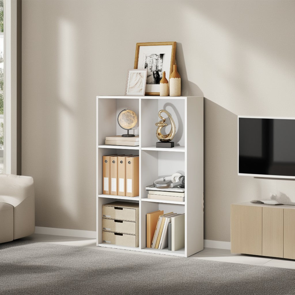 6-Cube Storage Bookshelf, Multifunctional Organizer Shelf for Living Room & Home Office, 38.6 Inch Display Bookcase, Cloud White