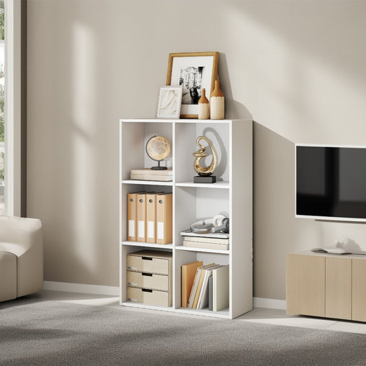 6-Cube Storage Bookshelf, Multifunctional Organizer Shelf for Living Room & Home Office, 38.6 Inch Display Bookcase, Cloud White