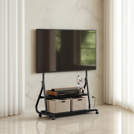 Mobile TV Stand with Wheels, Height-Adjustable Rolling Cart for 72-Inch TVs, 3 Power Outlets & Storage Shelves, Ink Black & Ebony Black