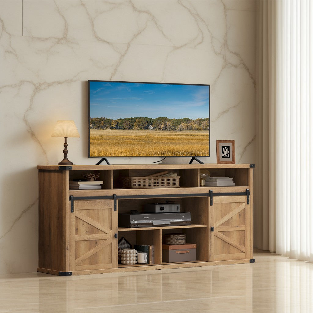 75-Inch Farmhouse TV Stand, Entertainment Center with Sliding Barn Doors & Built-In Charging Station, 10-Compartment Storage, Honey Brown