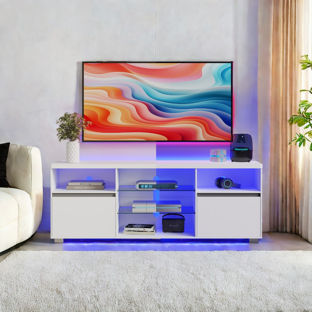 70-Inch LED TV Stand, Entertainment Center with Glass Shelves & 2 Cabinets, 63-Inch Media Console with Adjustable Lighting, White