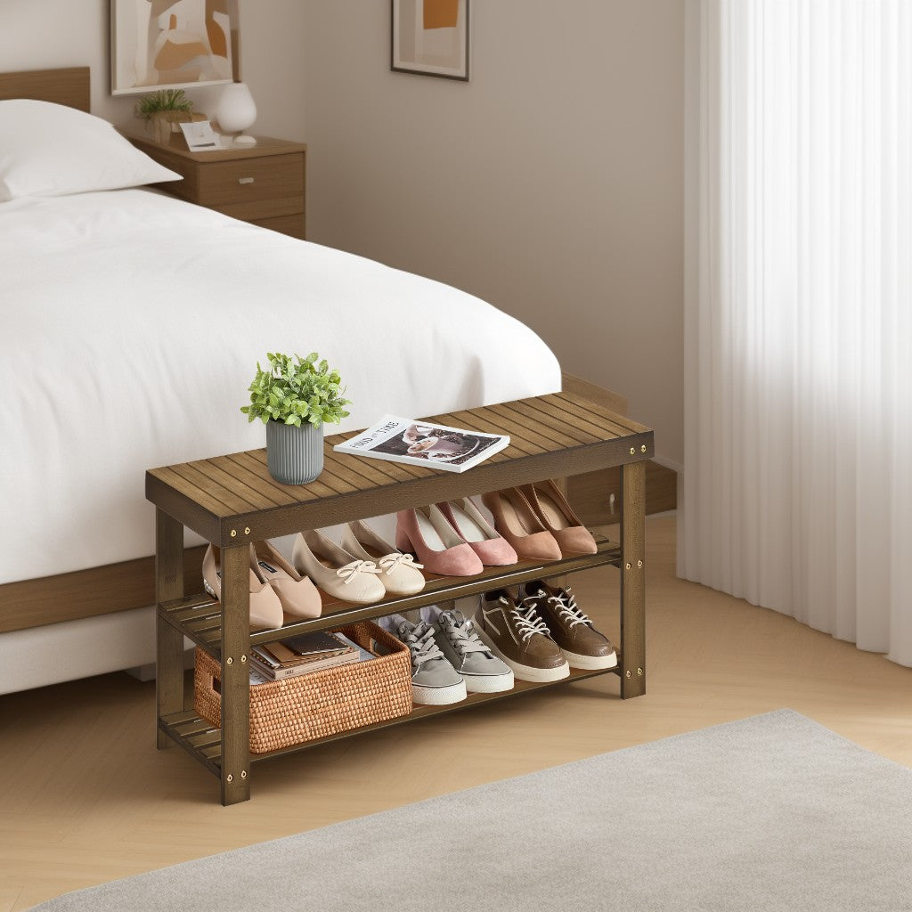 3-Tier Bamboo Shoe Rack Bench, Entryway Storage Organizer with 286 lb Capacity, 35.4 Inch, Yellow Brown